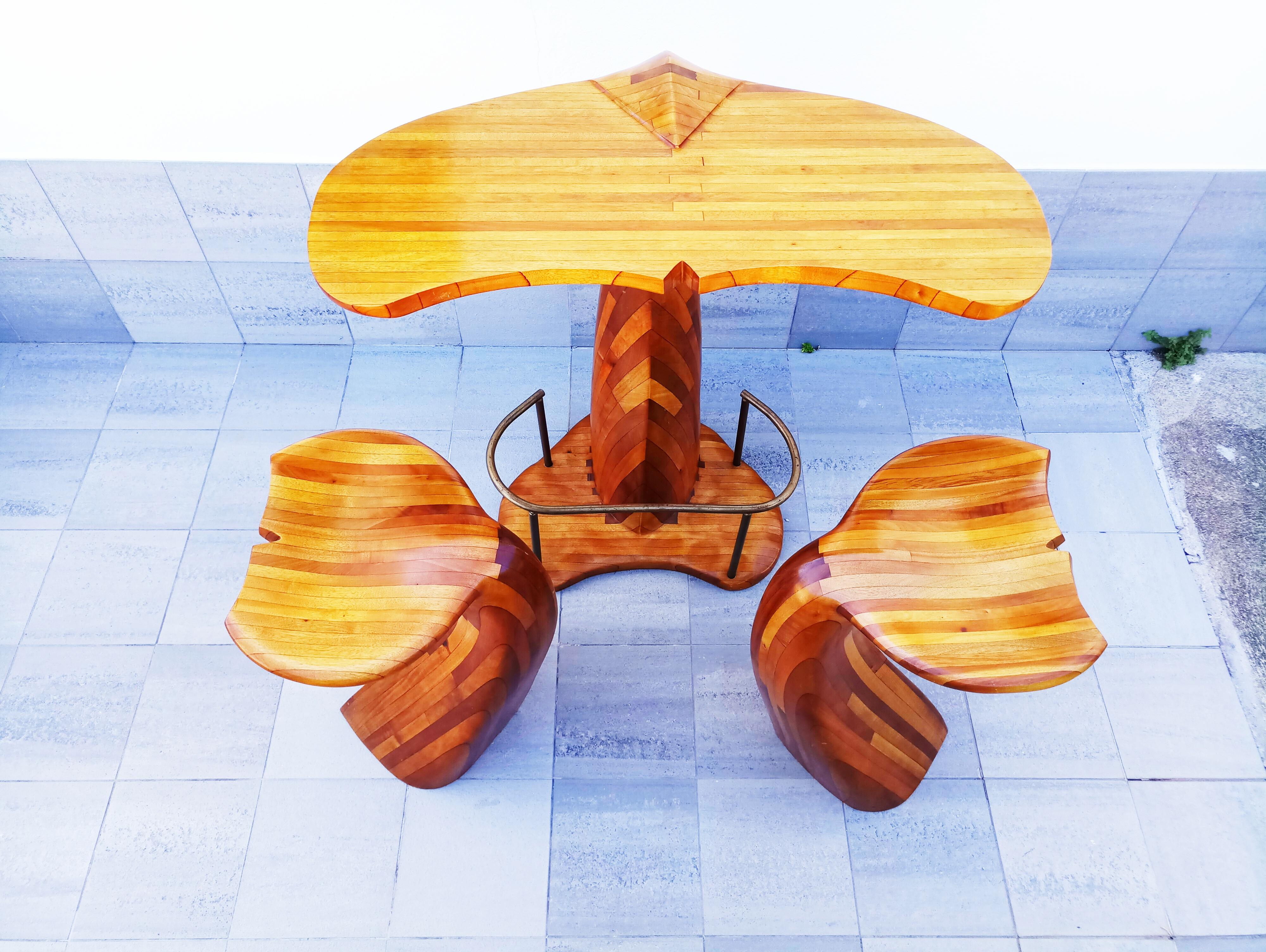 Rare Wooden Whale Tail Bar and Stools Set, France 1980s 3