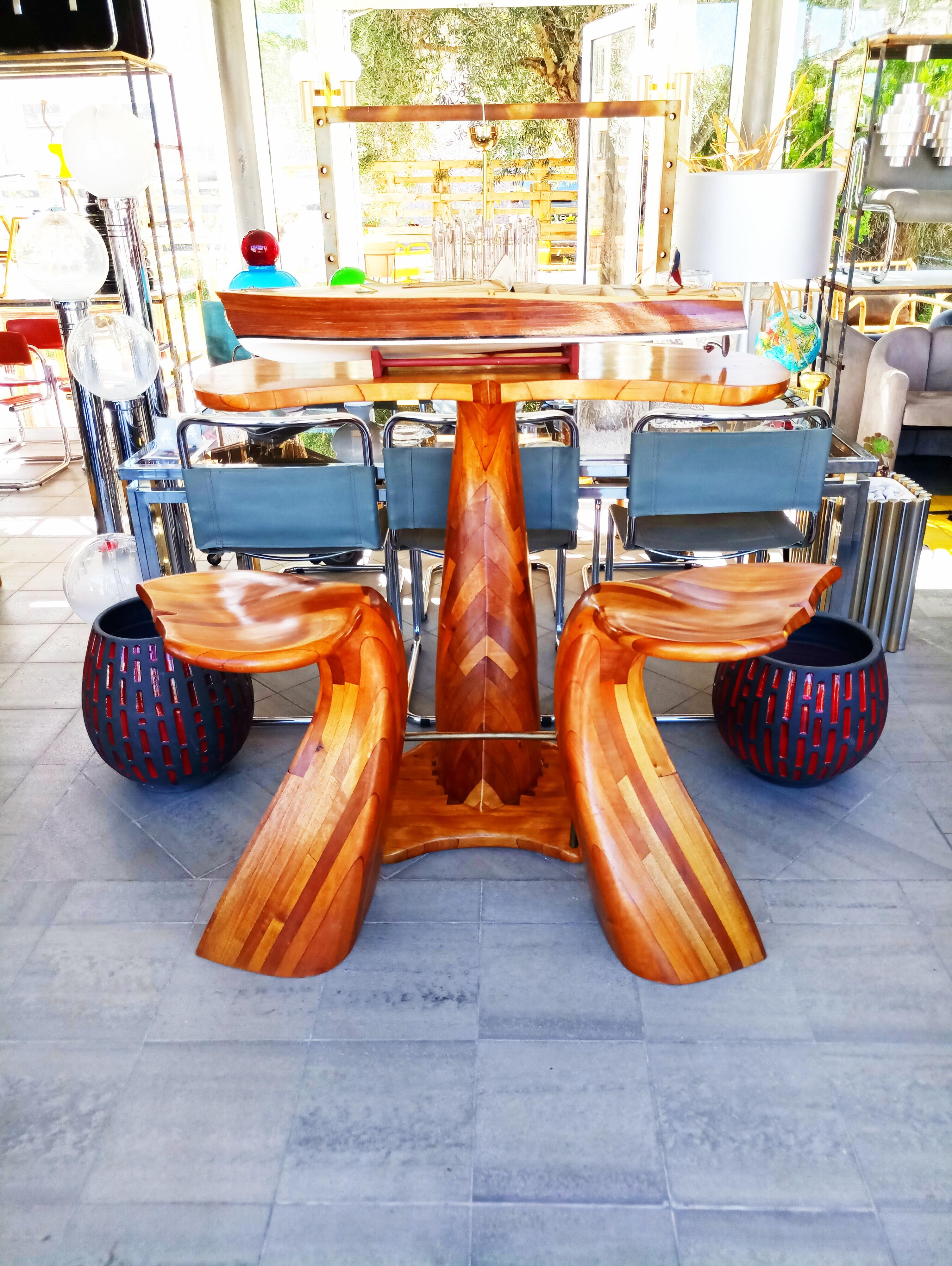 Rare Wooden Whale Tail Bar and Stools Set, France 1980s 4