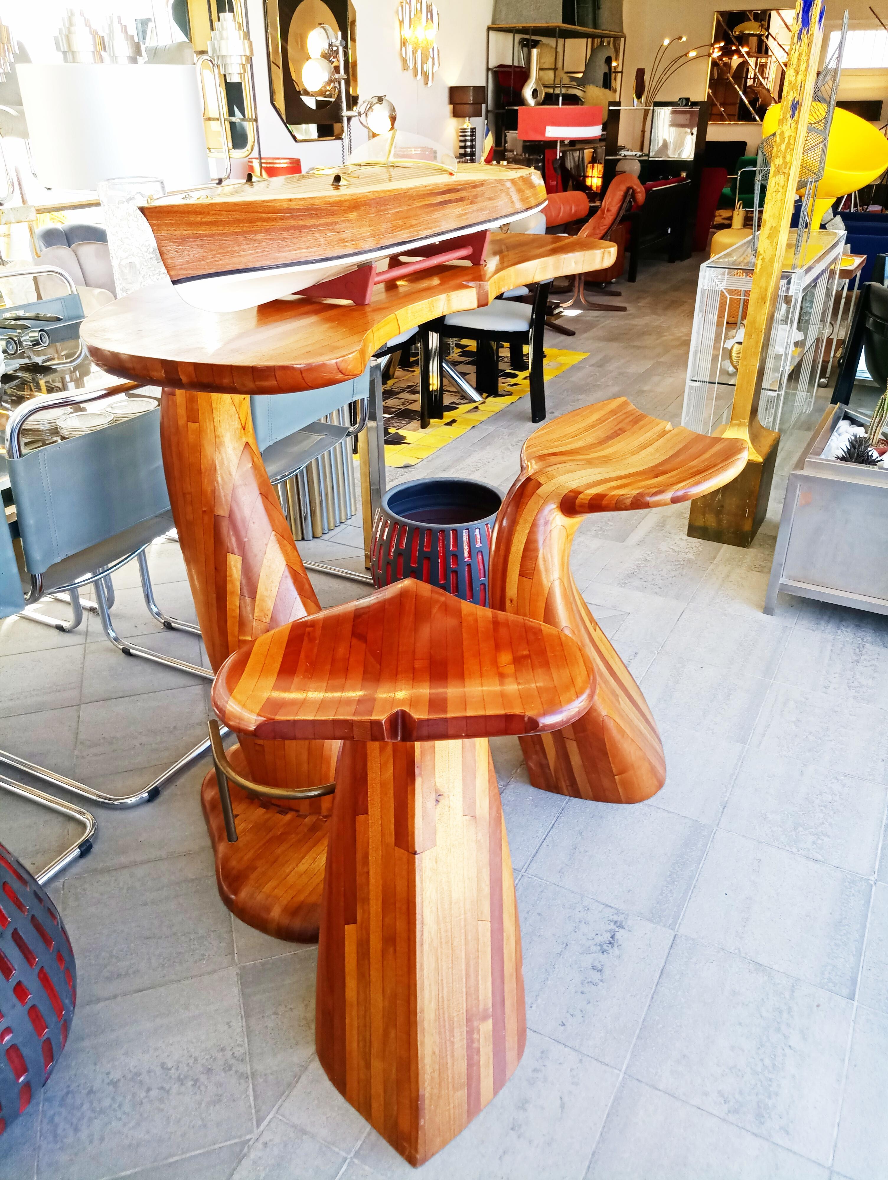 French Rare Wooden Whale Tail Bar and Stools Set, France 1980s