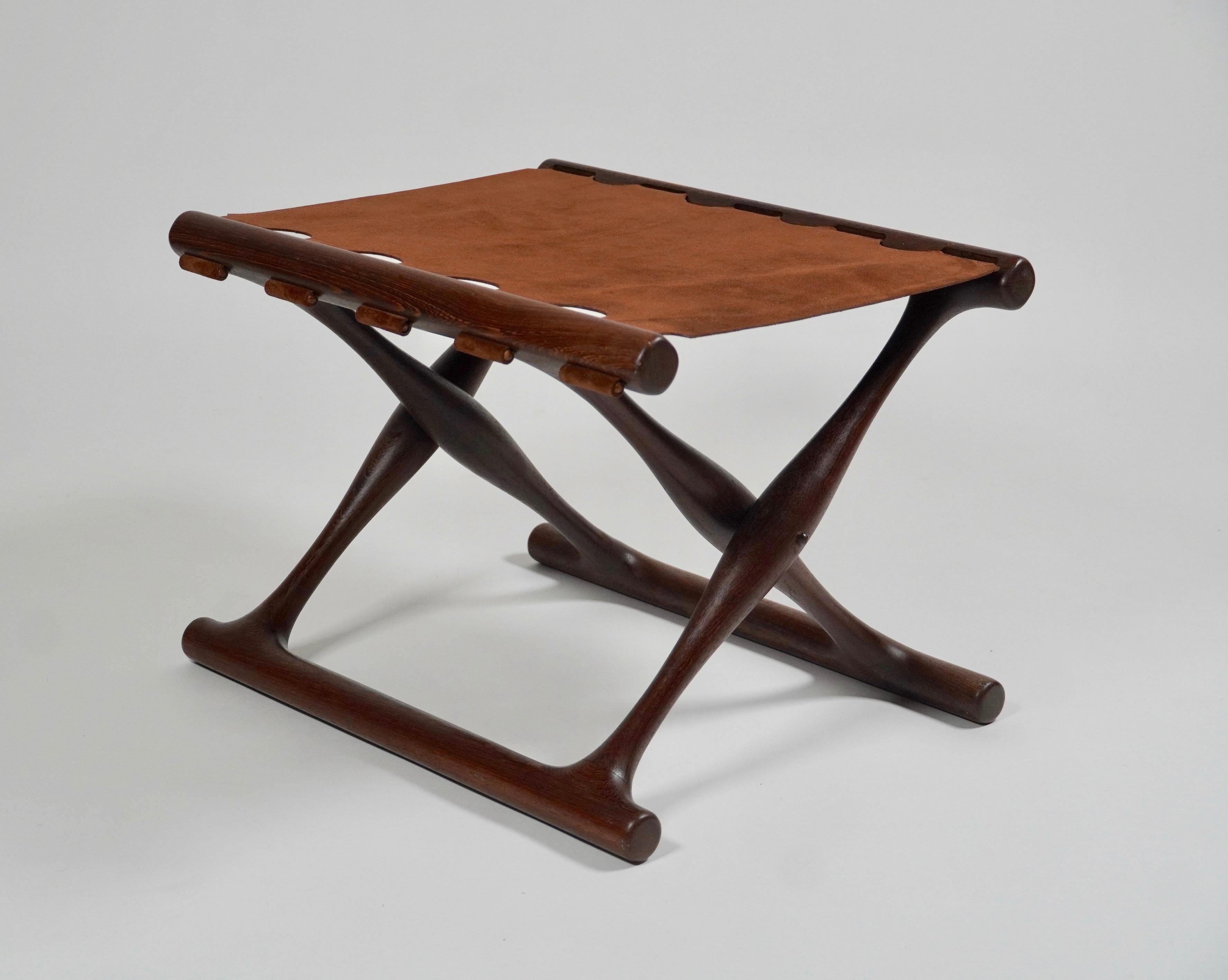 Scandinavian Modern Rare Woods African Wenge and Suede Poul Hundevad Folding Stool PH43 of Denmark