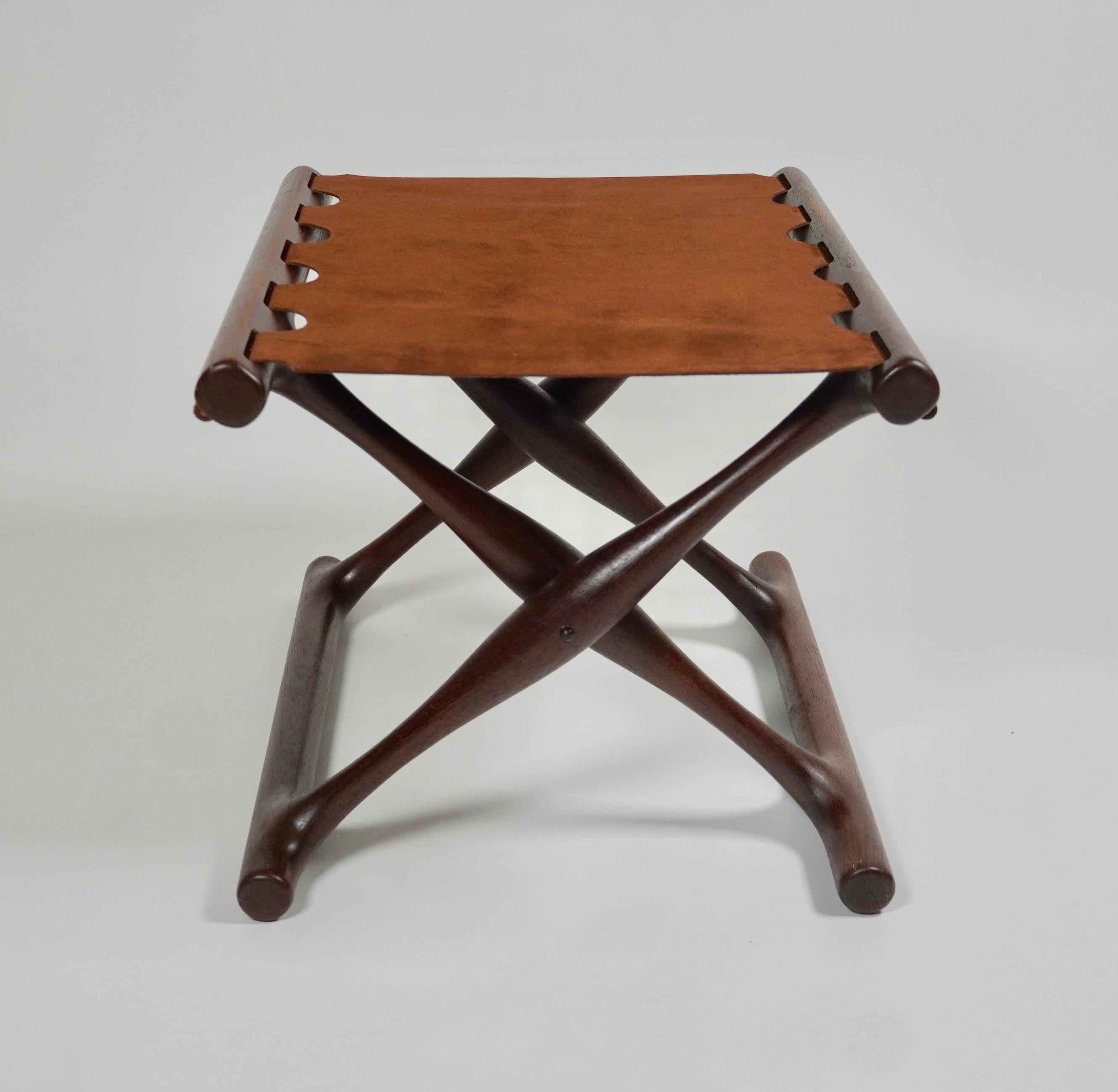 Rare Woods African Wenge and Suede Poul Hundevad Folding Stool PH43 of Denmark In Good Condition In Oakland, CA