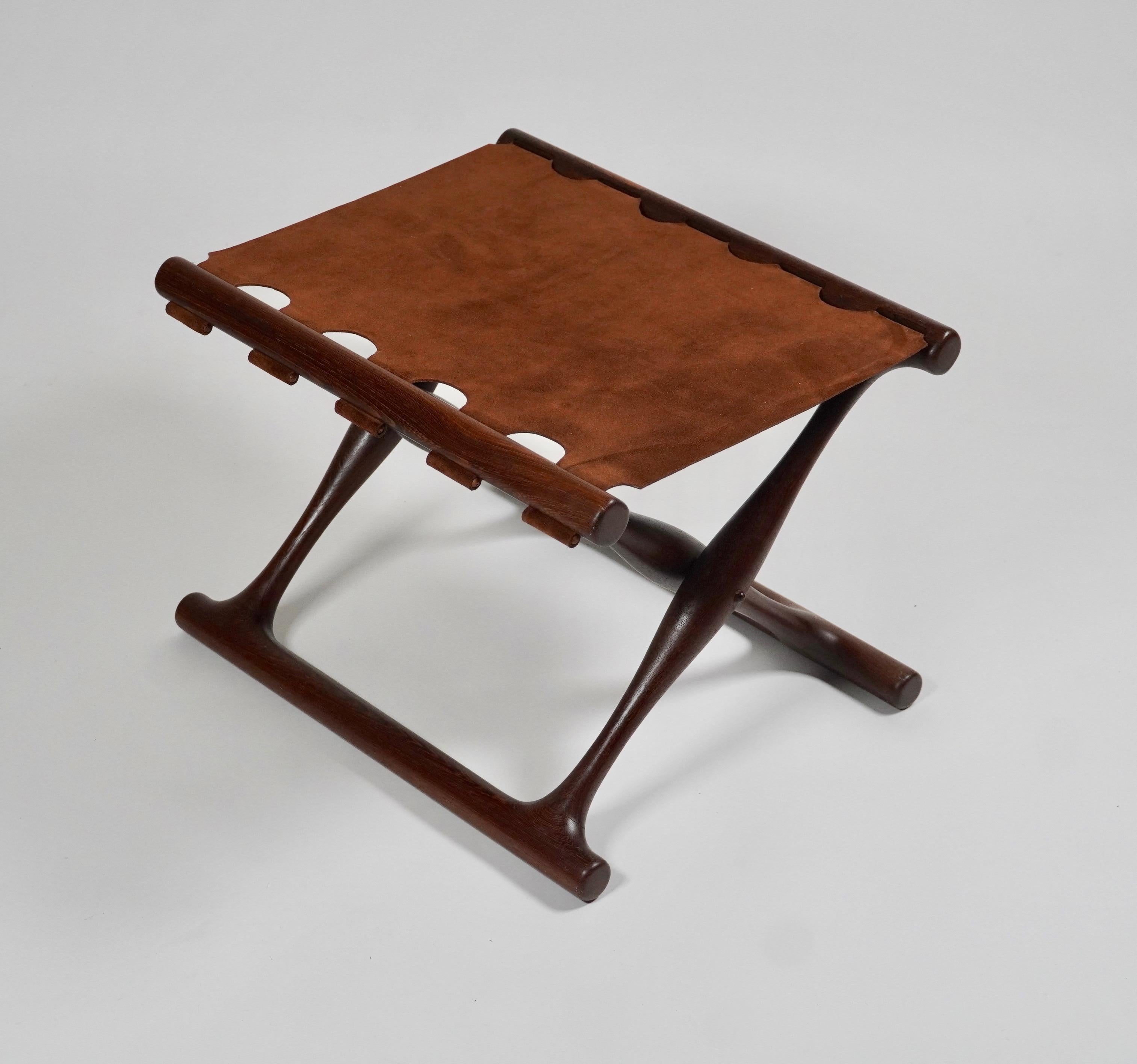 Mid-20th Century Rare Woods African Wenge and Suede Poul Hundevad Folding Stool PH43 of Denmark