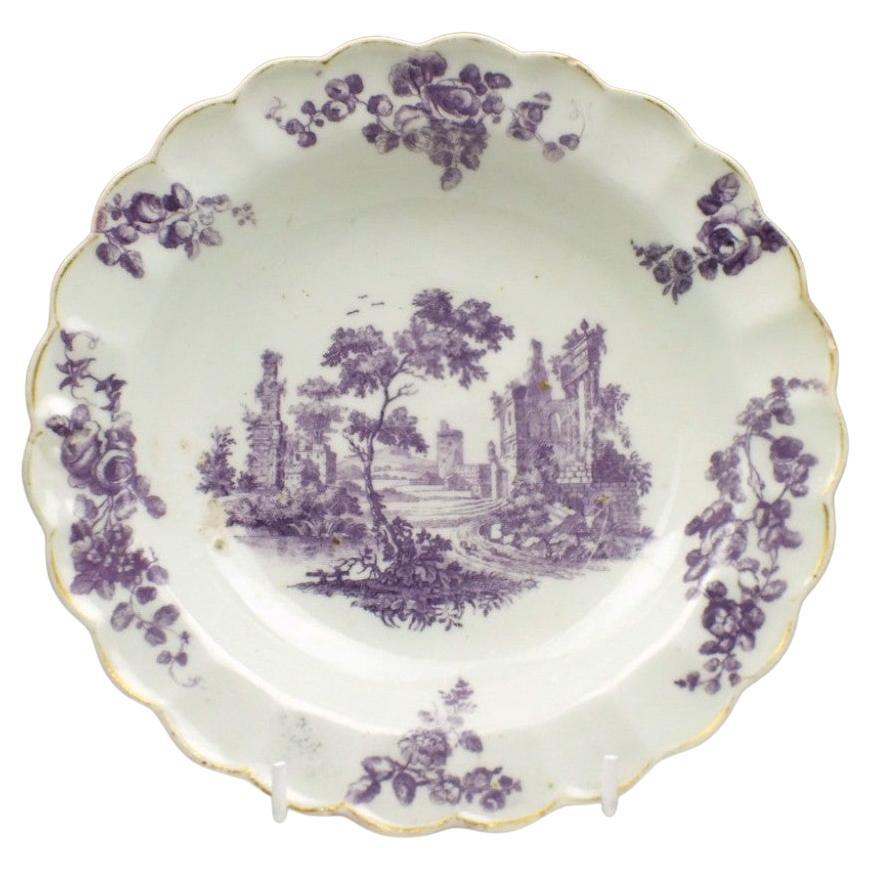 Rare Worcester Porcelain Puce Printed Classical Ruins Dessert Plate, circa 1765