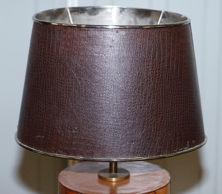 Rare Woven Brown Leather Table Lamp with Metal Crocodile Alligator