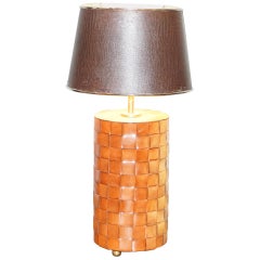 Rare Woven Brown Leather Table Lamp with Metal Crocodile Alligator Leather Shade