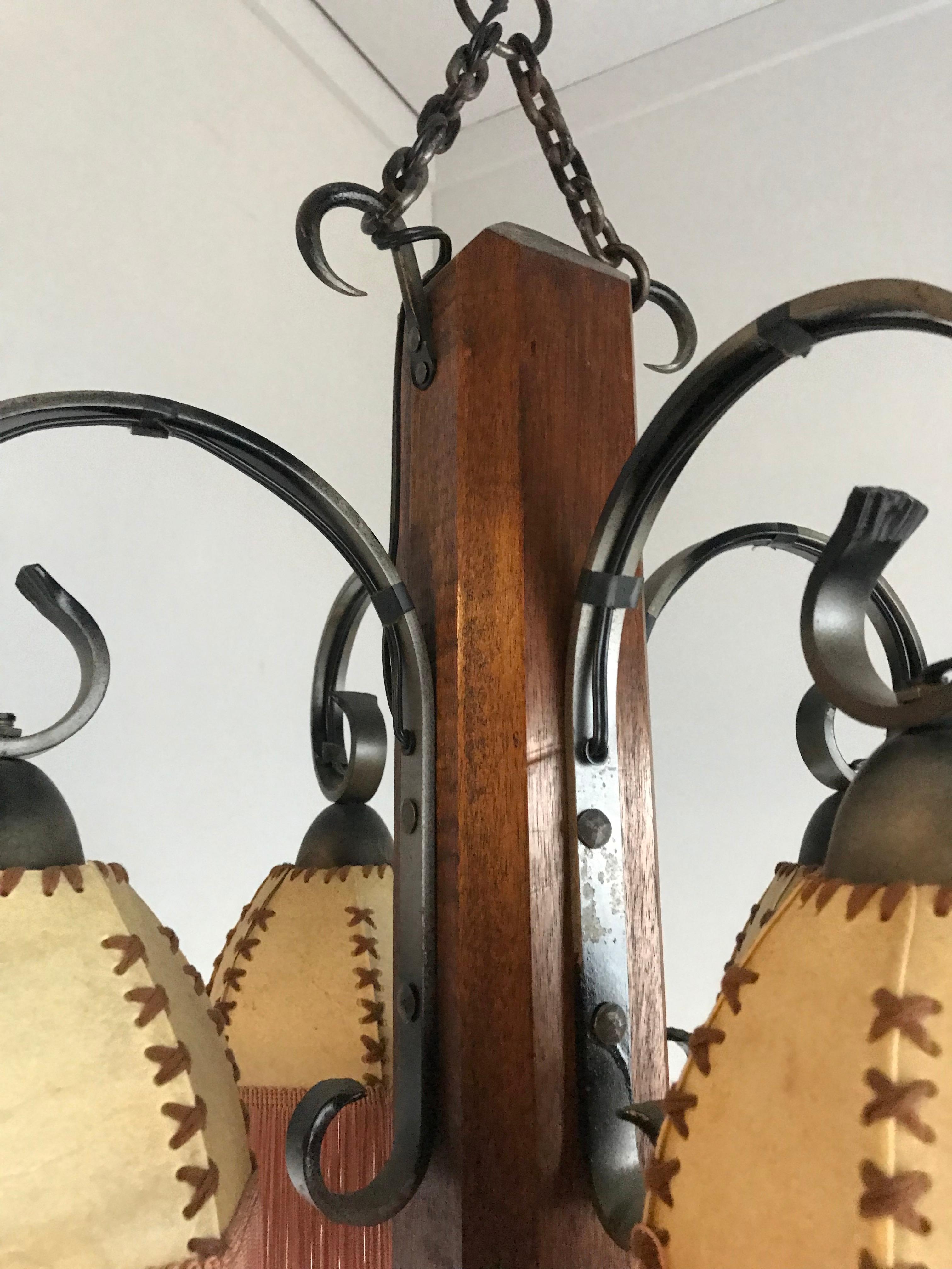 20th Century Rare Wrought Iron and Wood Pendant Light Fixture with Leather Shades and Fringes For Sale