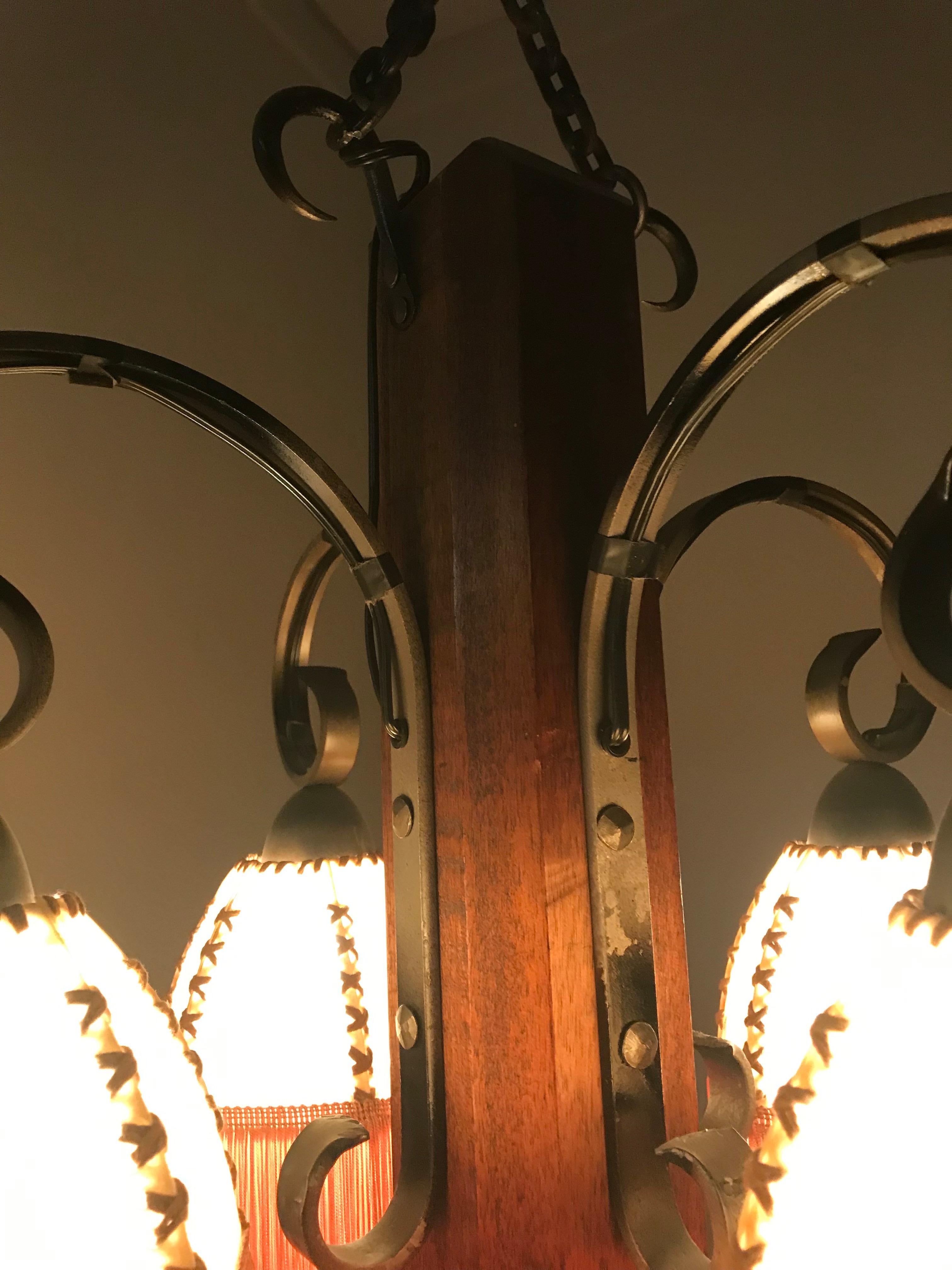 Rare Wrought Iron and Wood Pendant Light Fixture with Leather Shades and Fringes For Sale 1
