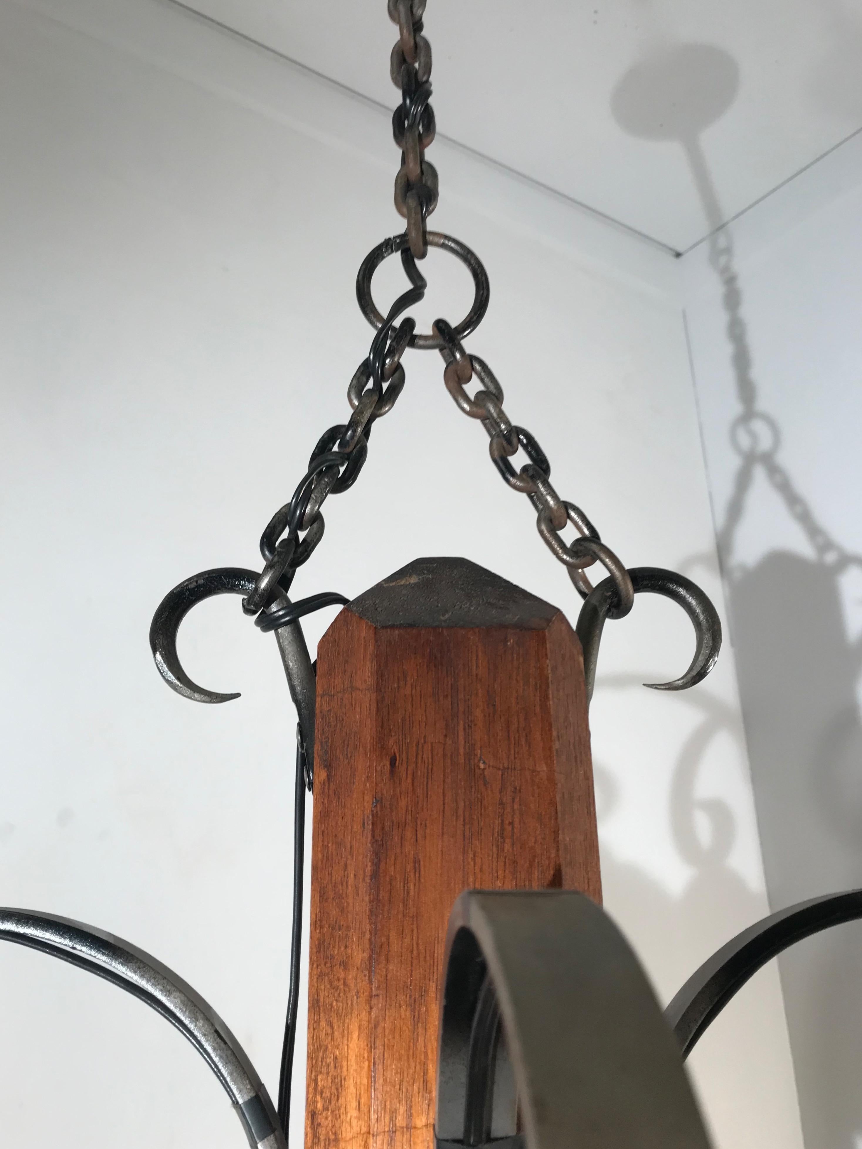 Rare Wrought Iron and Wood Pendant Light Fixture with Leather Shades and Fringes For Sale 2