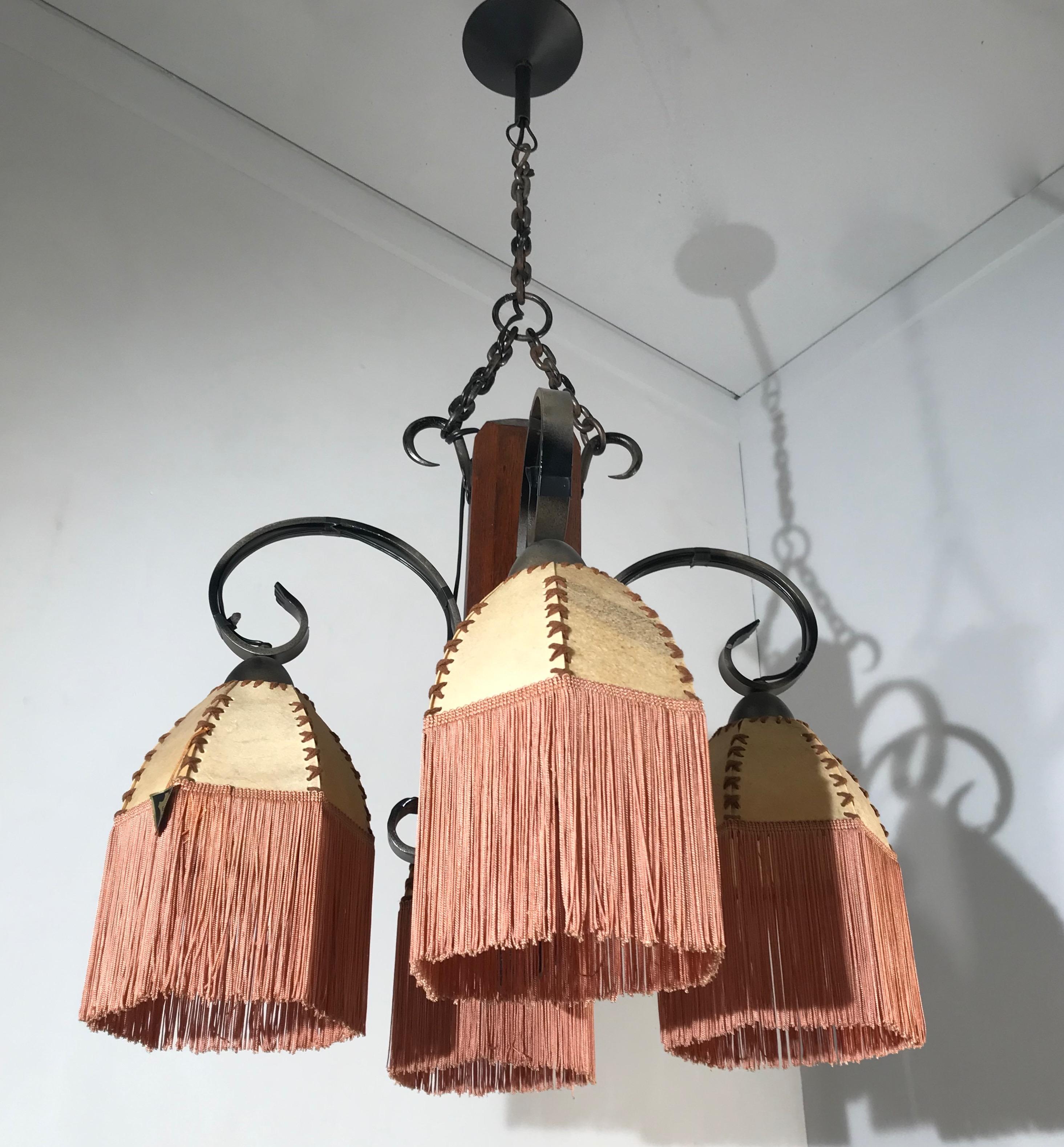 Rare Wrought Iron and Wood Pendant Light Fixture with Leather Shades and Fringes For Sale 3