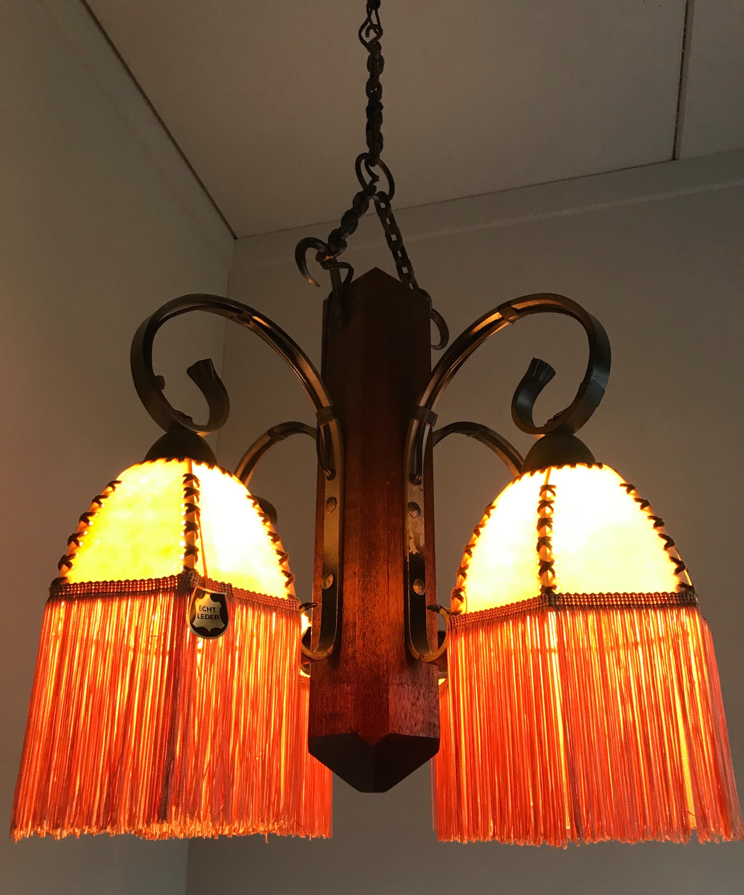 Rare Wrought Iron and Wood Pendant Light Fixture with Leather Shades and Fringes For Sale 4