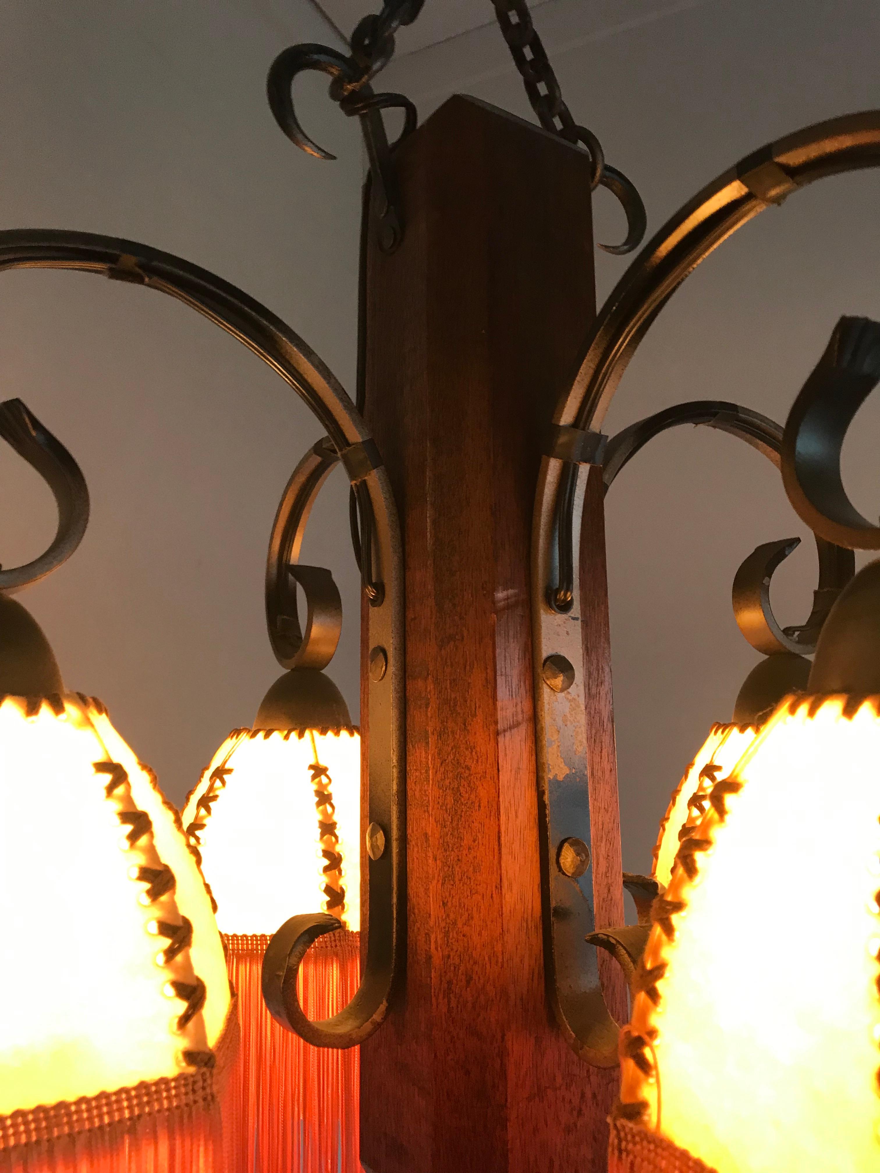 Rare Wrought Iron and Wood Pendant Light Fixture with Leather Shades and Fringes For Sale 5