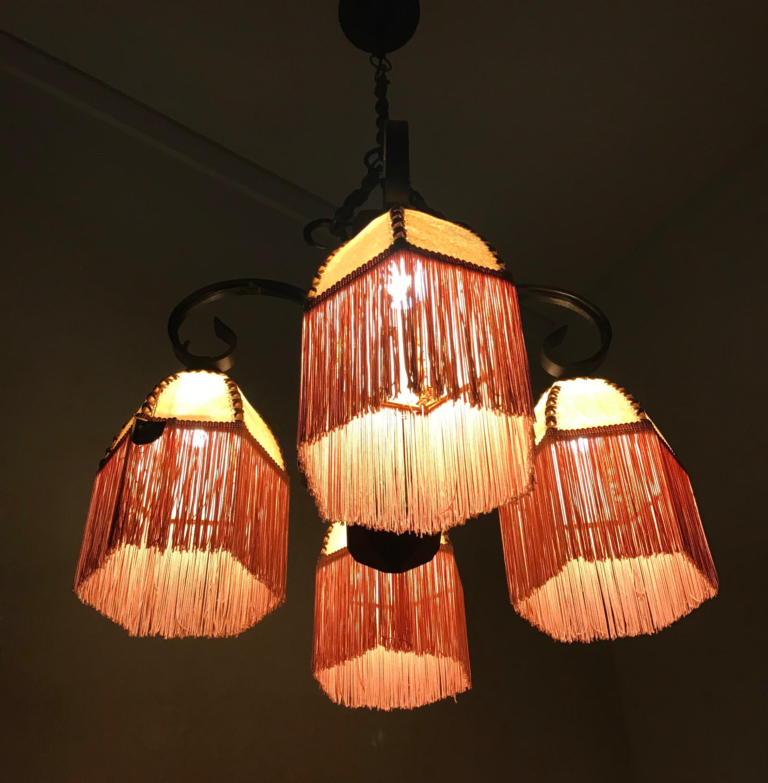 Rare Wrought Iron and Wood Pendant Light Fixture with Leather Shades and Fringes For Sale 6