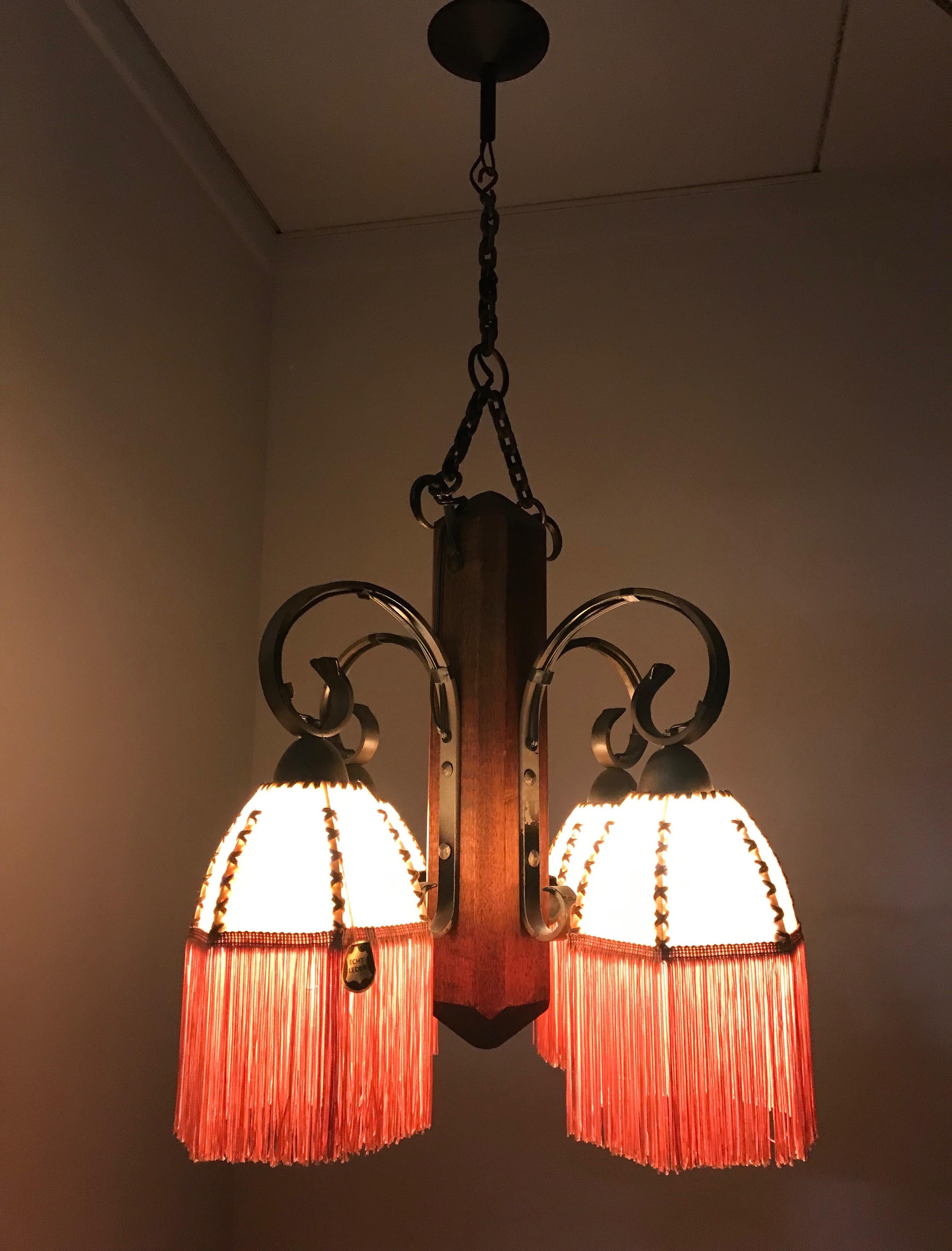 Rare Wrought Iron and Wood Pendant Light Fixture with Leather Shades and Fringes For Sale 7