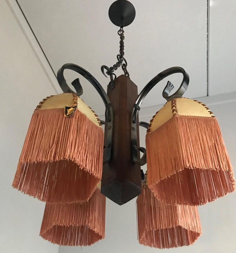 Rare Wrought Iron and Wood Pendant Light Fixture with Leather Shades