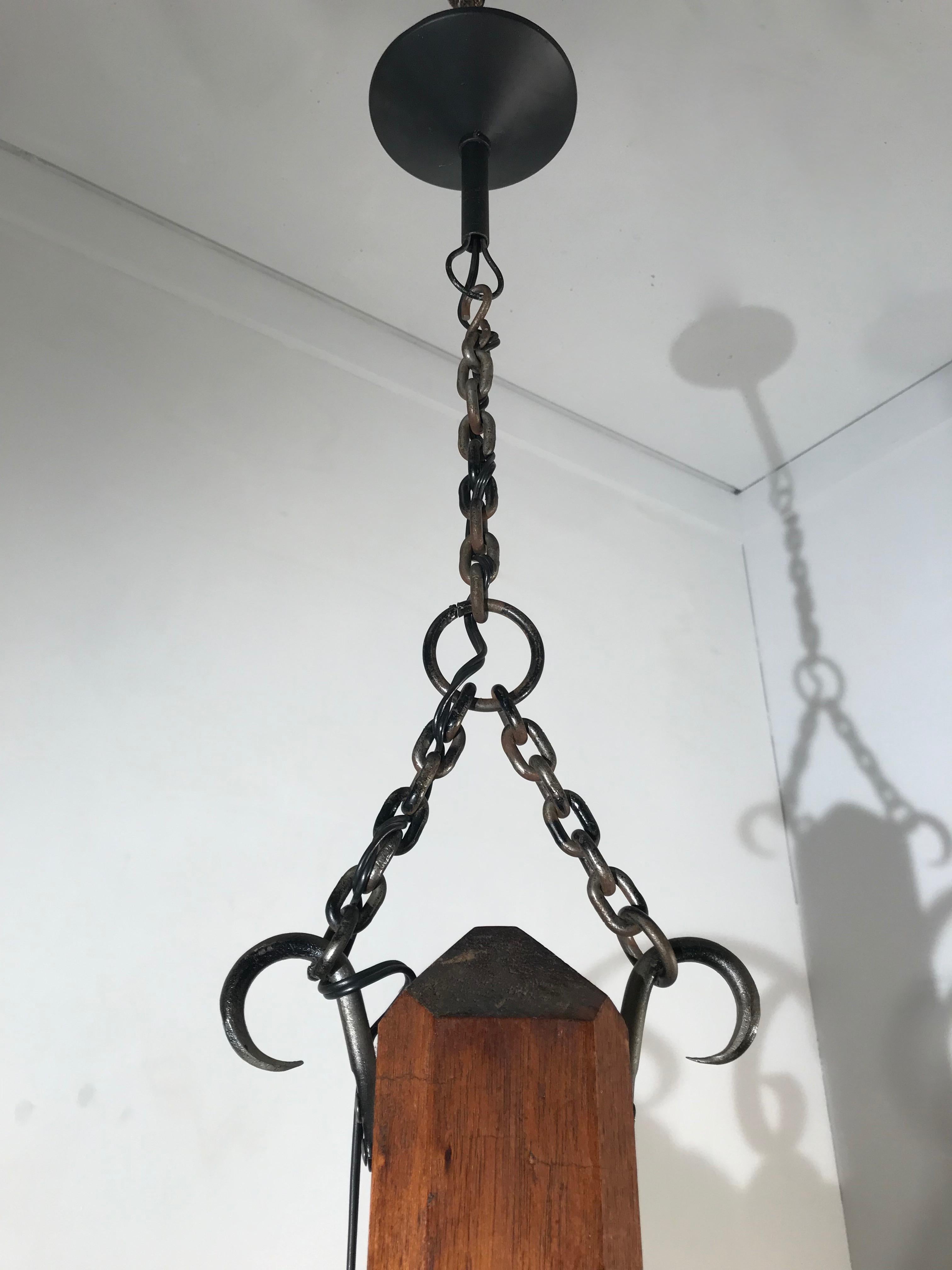 Rare Wrought Iron and Wood Pendant Light Fixture with Leather Shades and Fringes In Good Condition For Sale In Lisse, NL