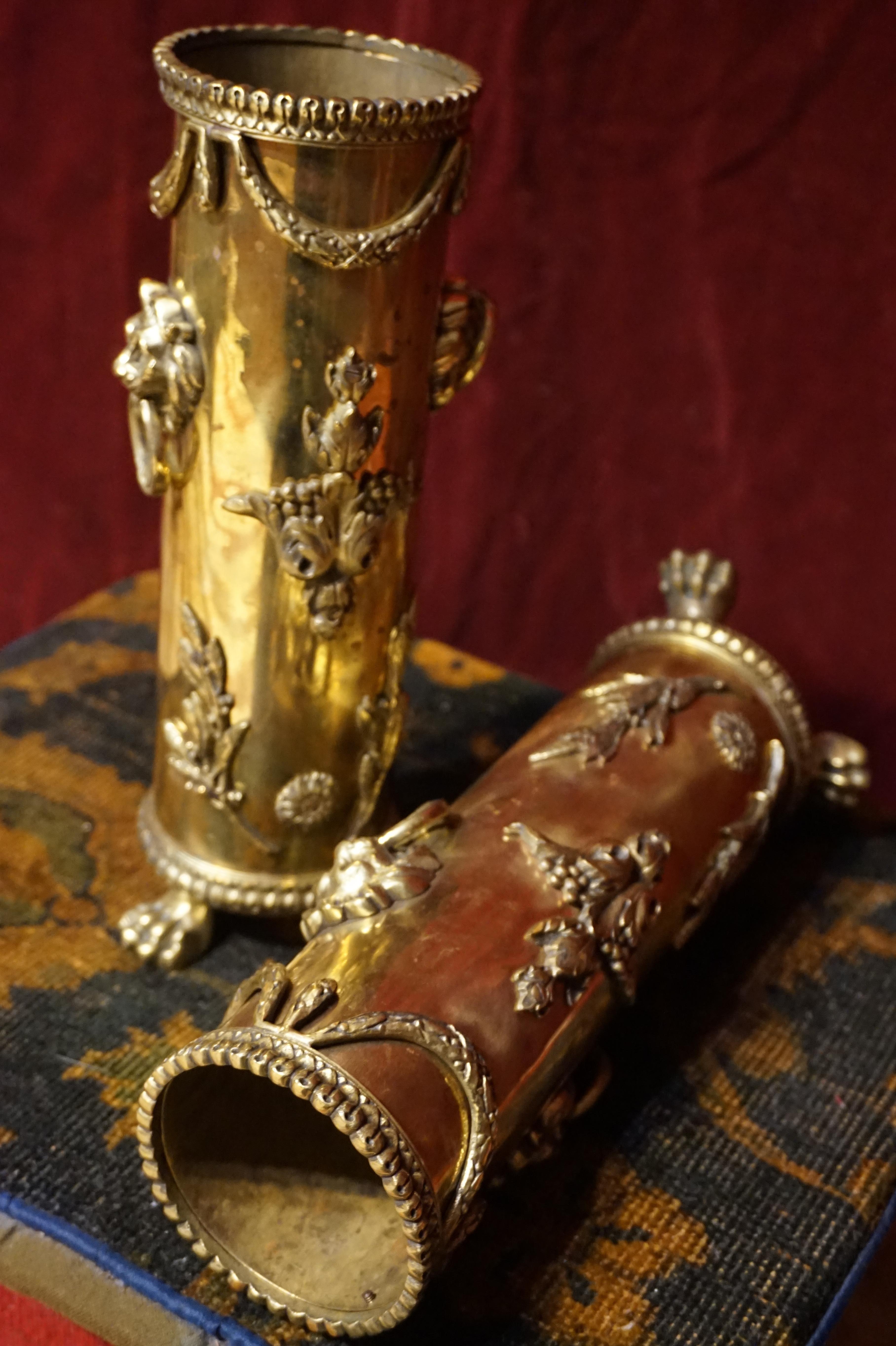 Rare WW1 1916 French Trench Art Solid Brass Shell Casing Vases with Lion Heads For Sale 5