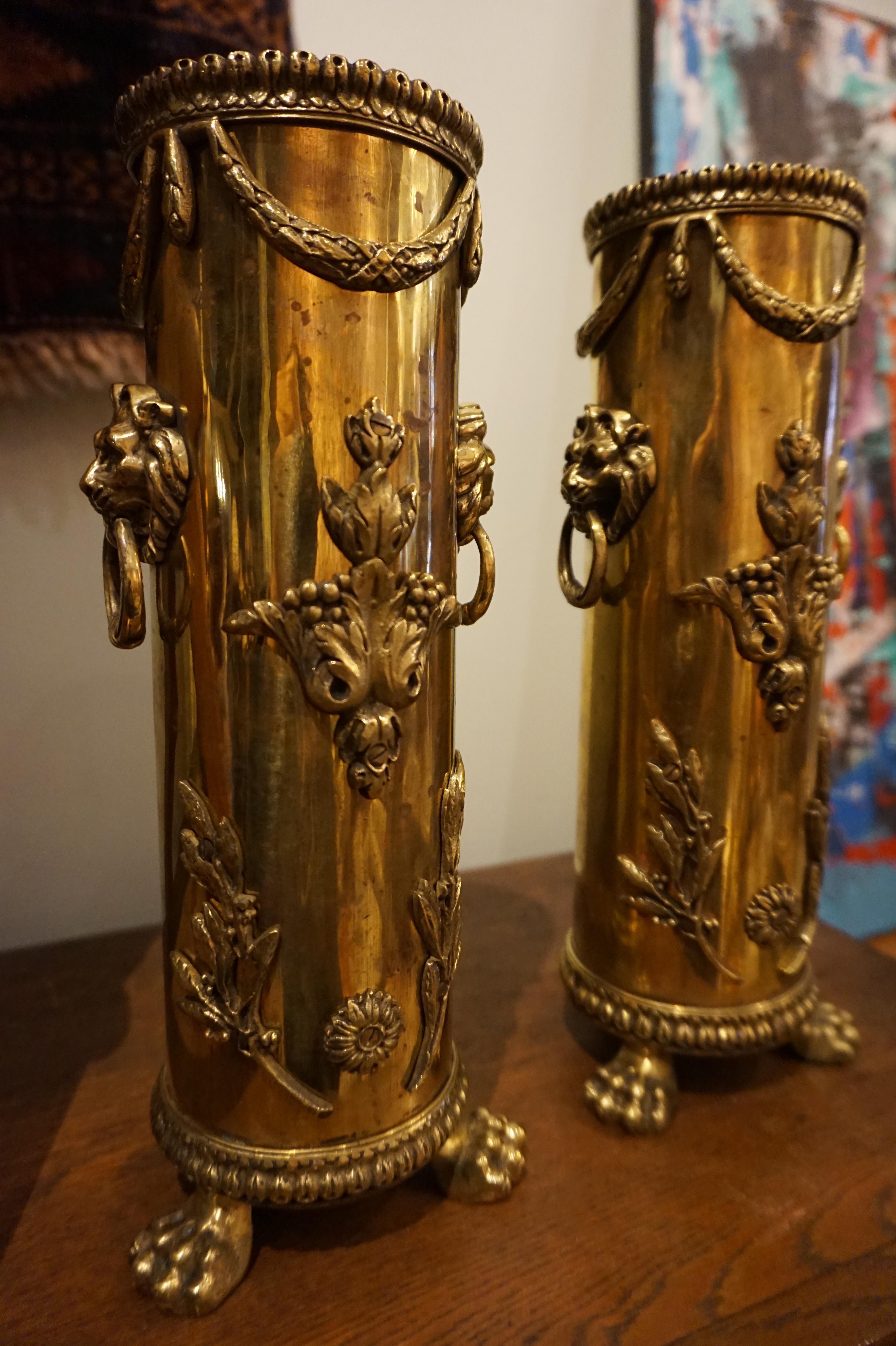 Art Nouveau Rare WW1 1916 French Trench Art Solid Brass Shell Casing Vases with Lion Heads For Sale