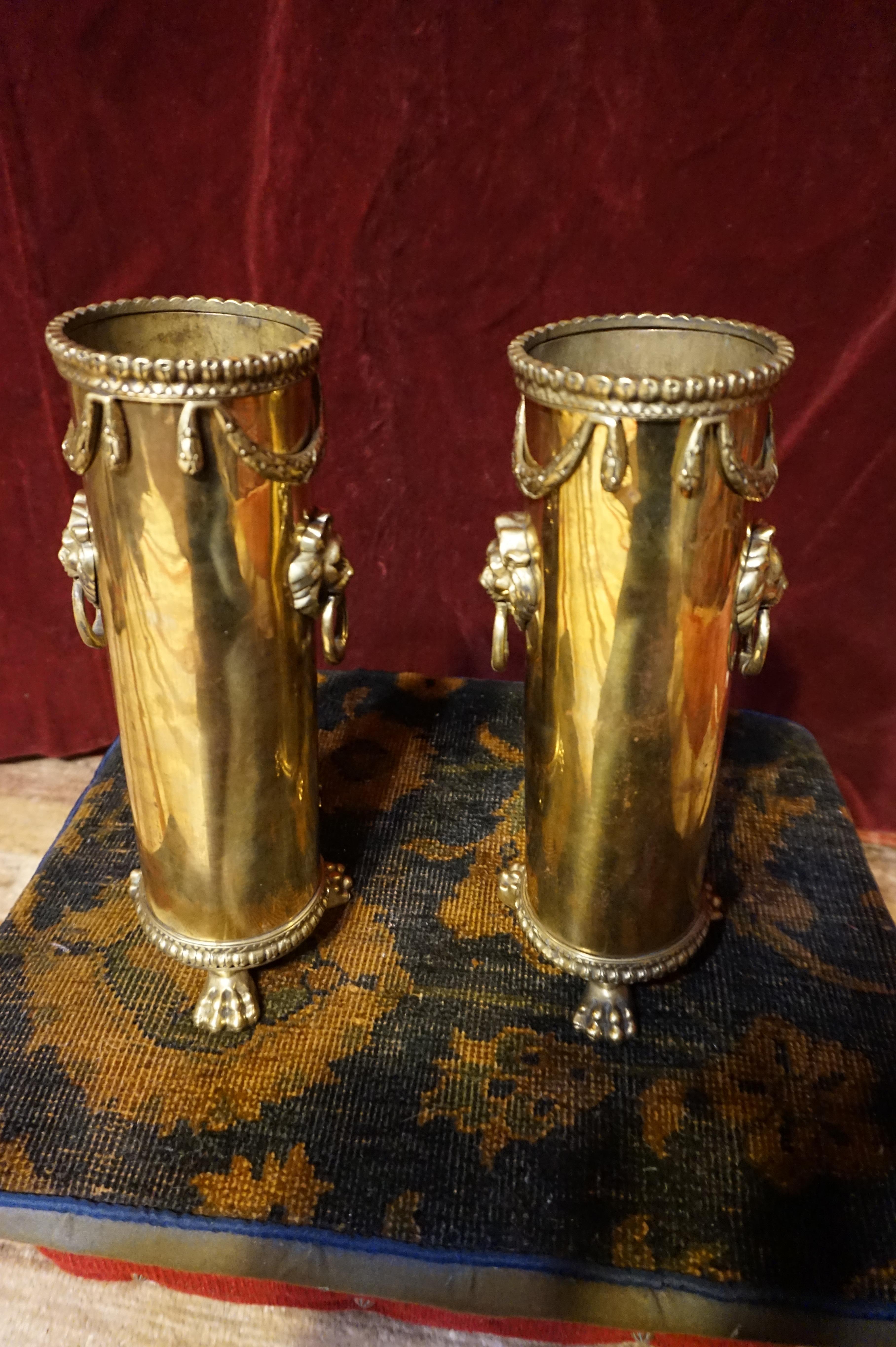 Hand-Crafted Rare WW1 1916 French Trench Art Solid Brass Shell Casing Vases with Lion Heads For Sale