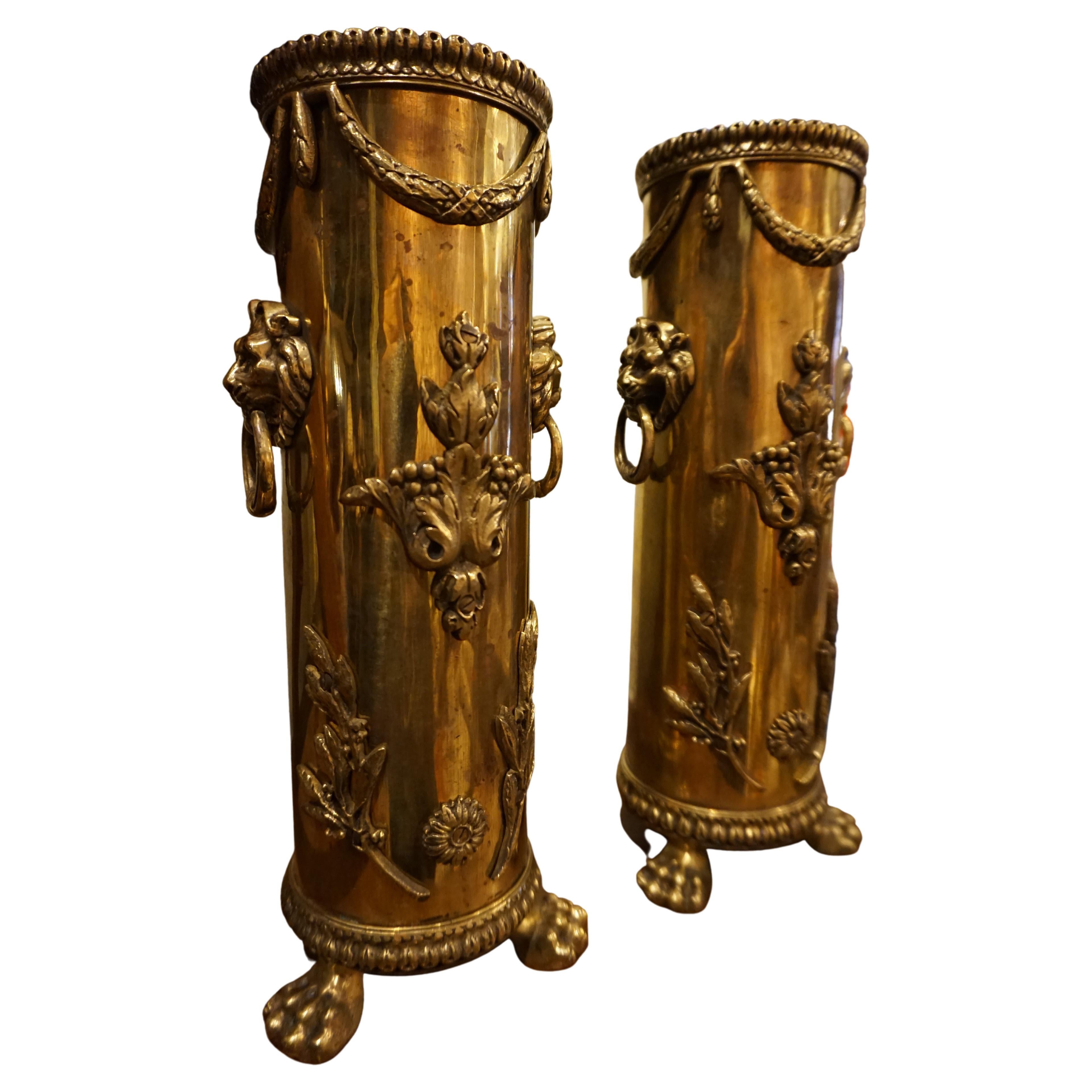 Rare WW1 1916 French Trench Art Solid Brass Shell Casing Vases with Lion Heads For Sale