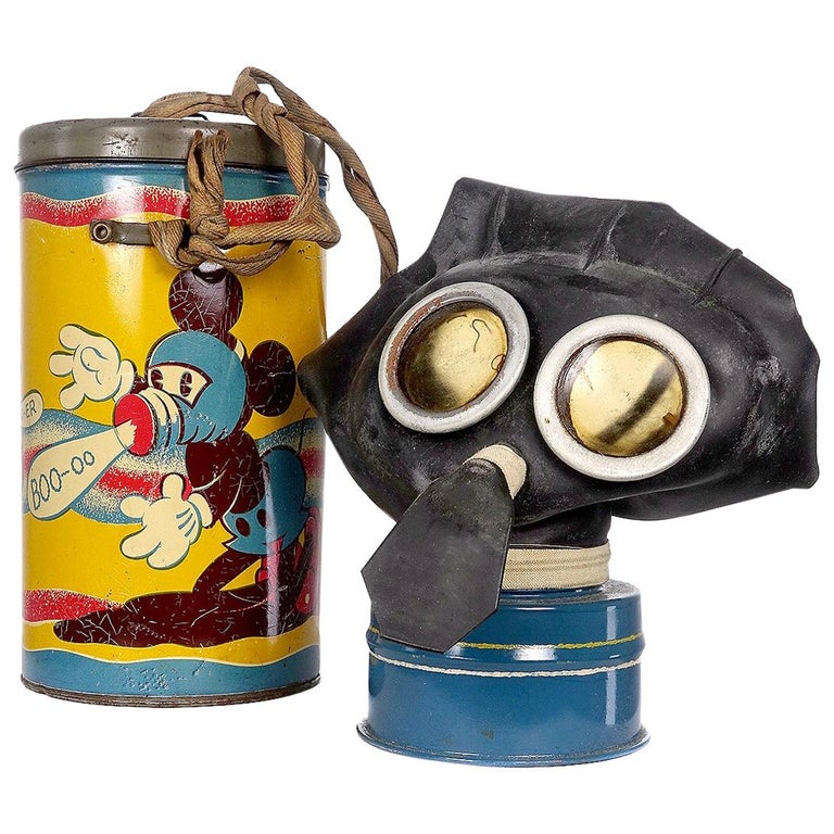 Rare WWII Mickey Mouse Gas Mask and Tin For Sale
