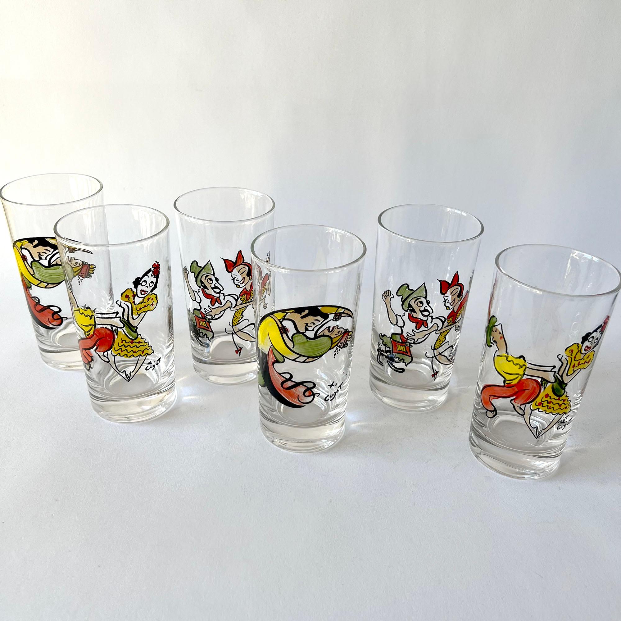 Rare, 1950s set six of hand painted drinking glasses drawn by bandleader extraordinaire, Xavier Cugat. Glasses measure 5.75