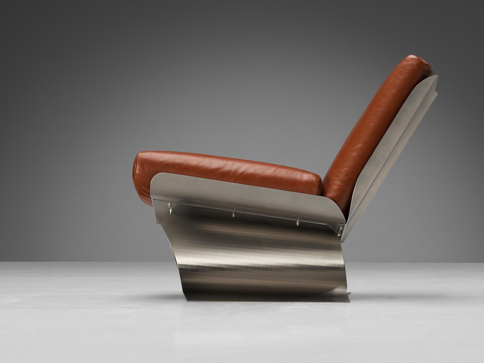 French Rare Xavier Féal Lounge Chair in Brushed Steel and Cognac Leather  For Sale