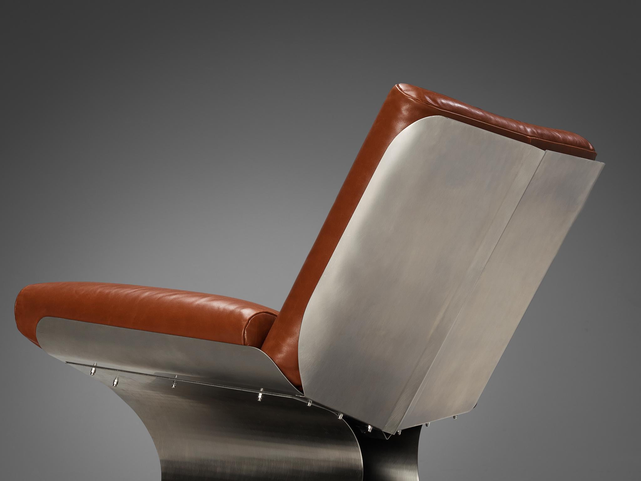 Rare Xavier Féal Lounge Chair in Brushed Steel and Cognac Leather  In Good Condition For Sale In Waalwijk, NL