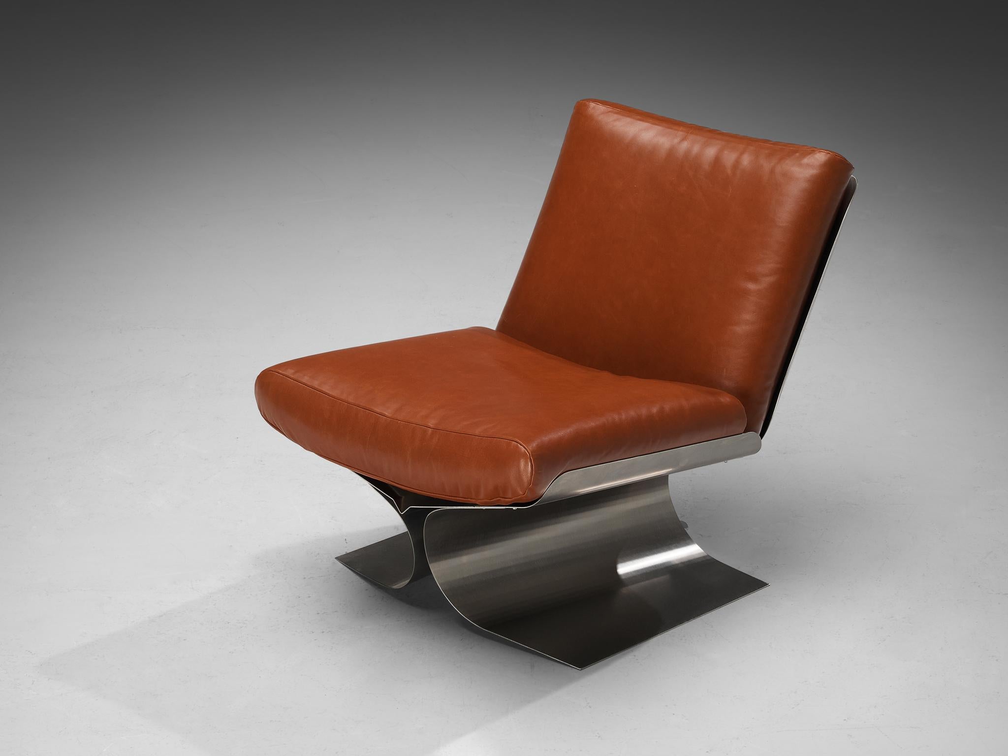 Late 20th Century Rare Xavier Féal Lounge Chair in Brushed Steel and Cognac Leather  For Sale