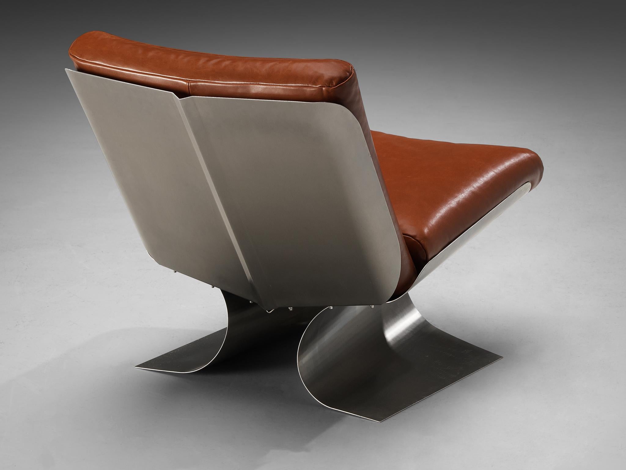 Rare chaise longue Xavier Féal en acier brossé et cuir cognac  en vente 1