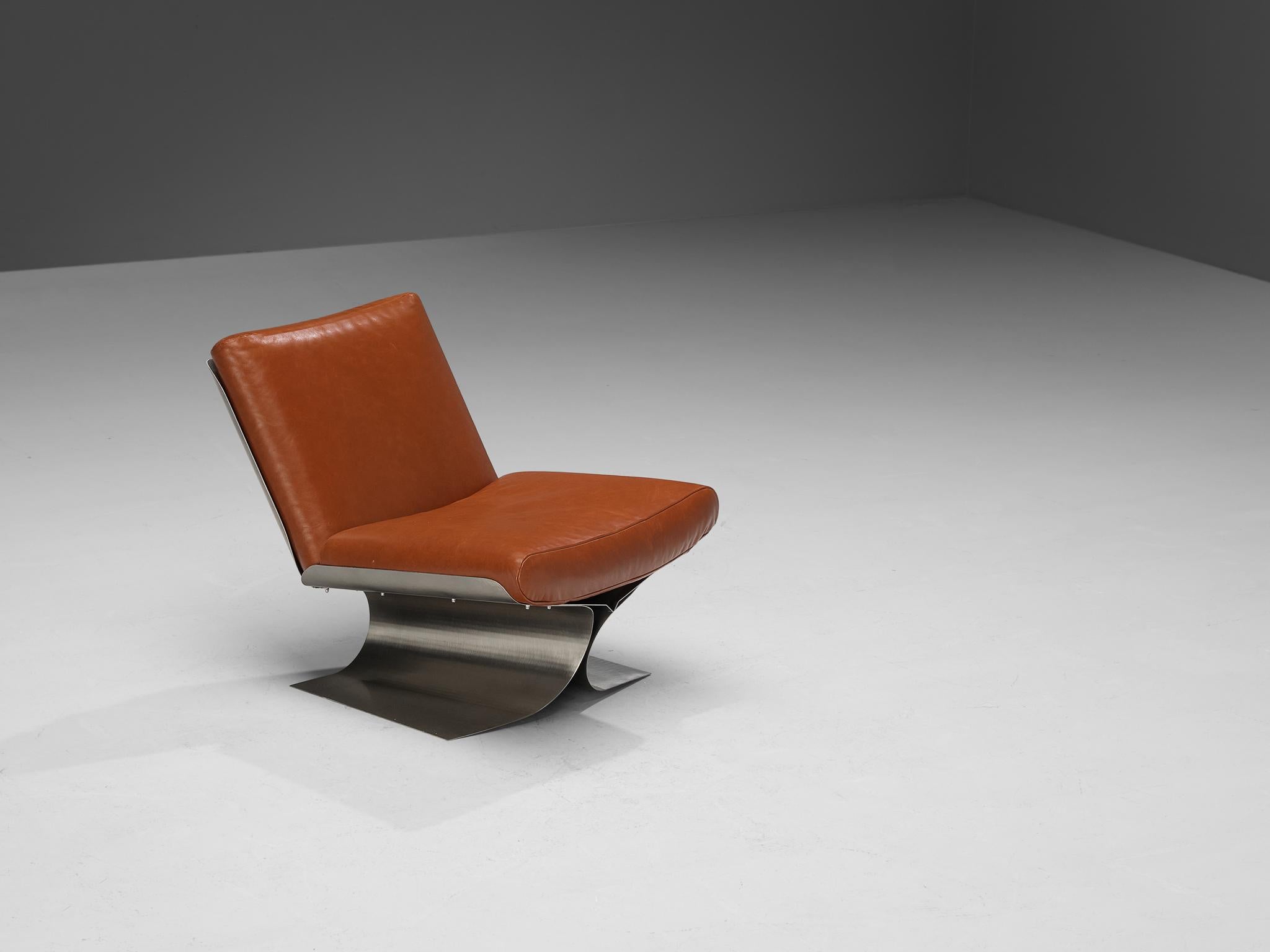 Rare Xavier Féal Lounge Chair in Brushed Steel and Cognac Leather  For Sale 2