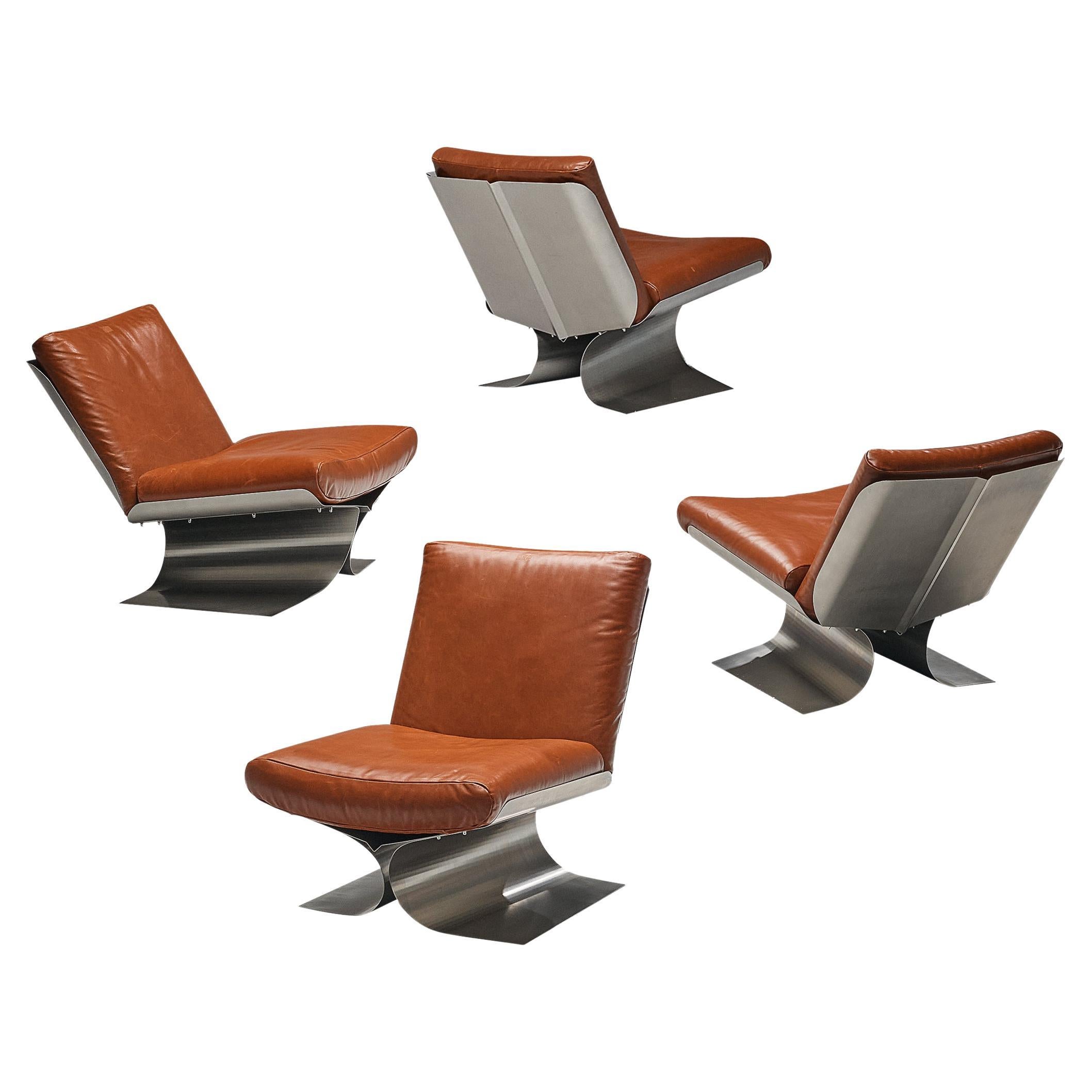 Rare Xavier Féal Lounge Chairs in Brushed Steel and Cognac Leather 
