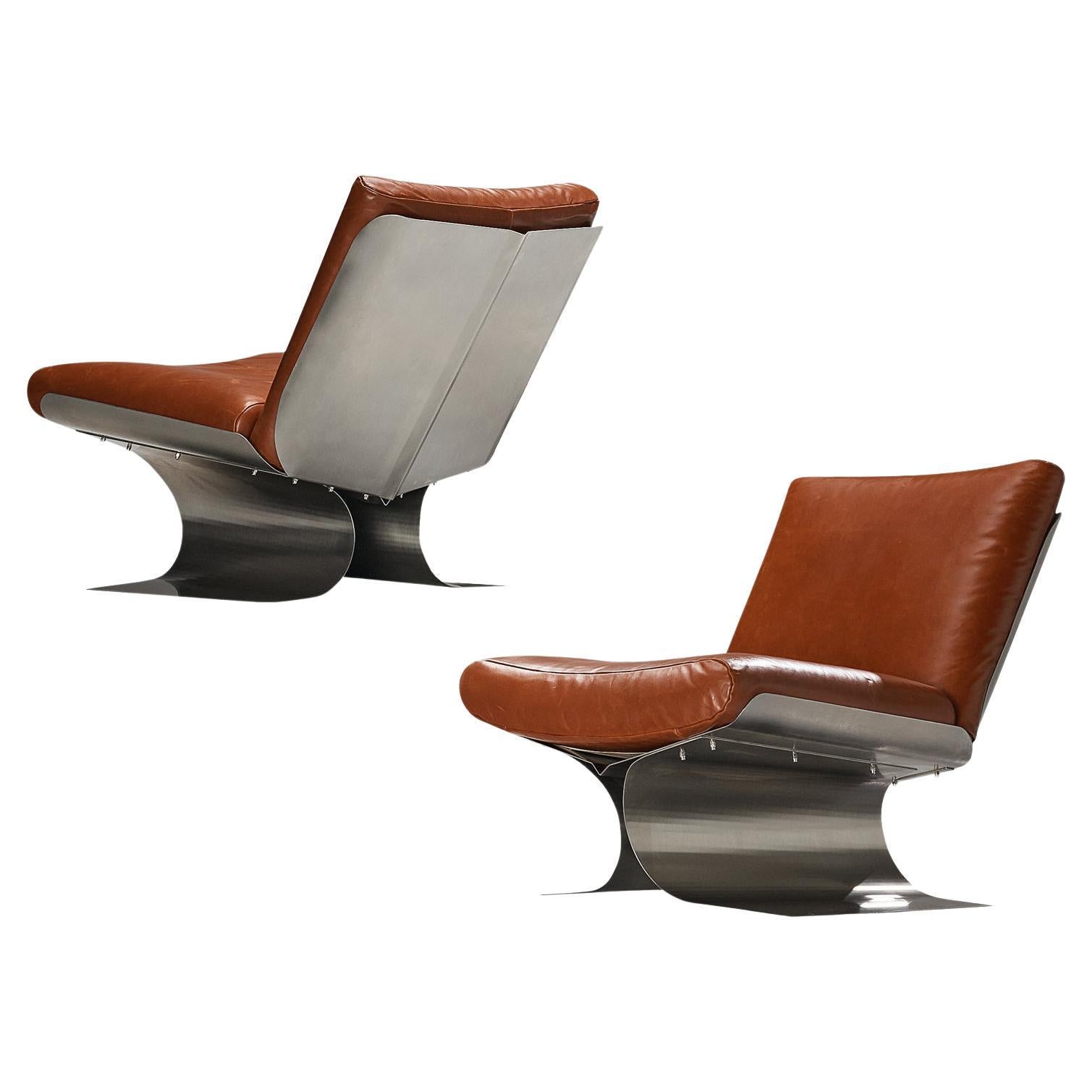 Rare Xavier Féal Lounge Chairs in Brushed Steel and Cognac Leather