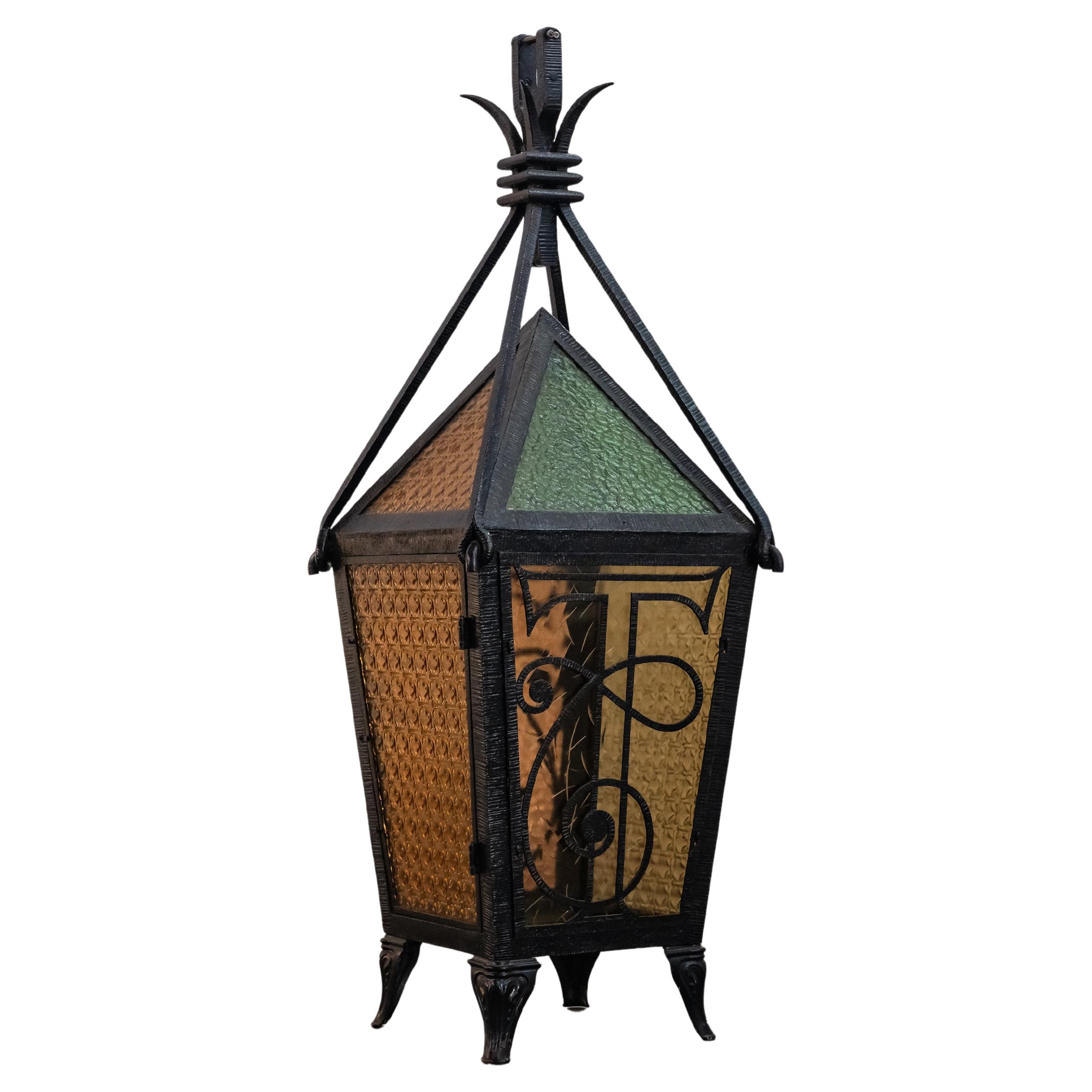 Rare XL Iron And Glass Lantern From Italy, Circa 1920