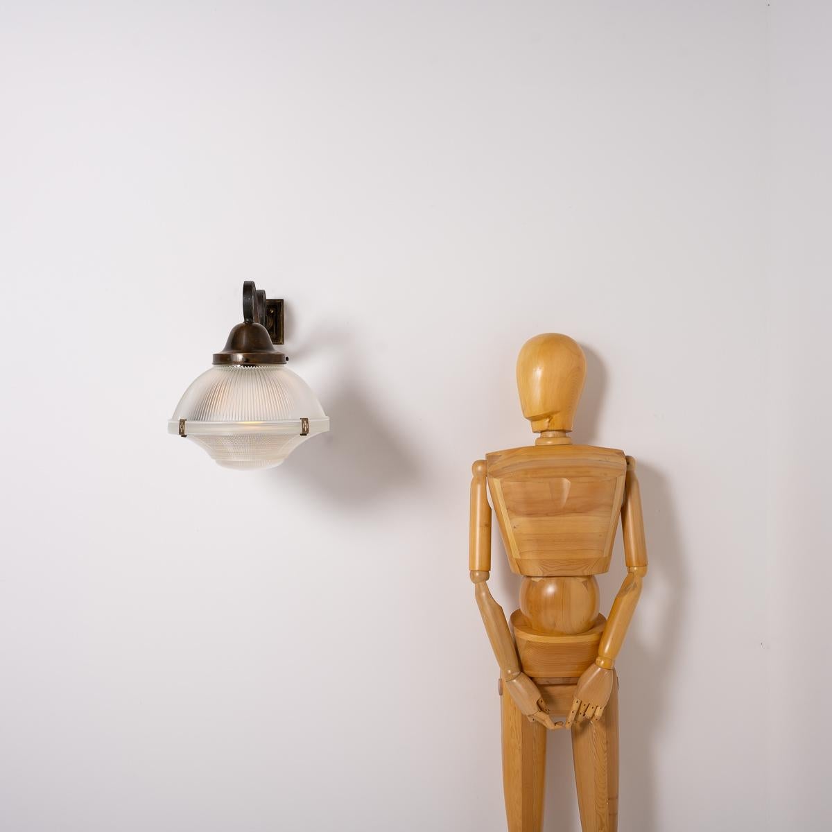 Rare XL Three Part Holophane Light Fitting with Cast Brass Scrolled Wall Bracket For Sale 7