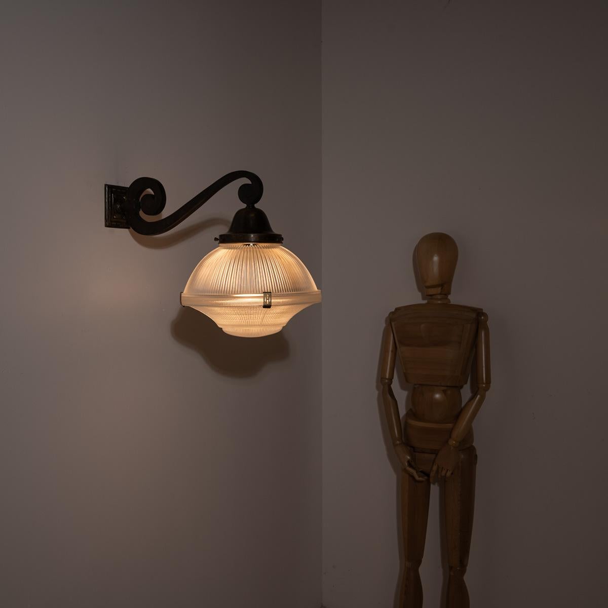 Rare XL Three Part Holophane Light Fitting with Cast Brass Scrolled Wall Bracket For Sale 8
