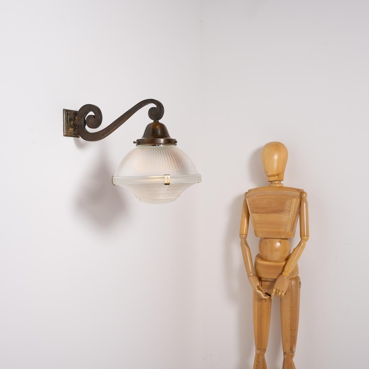 Rare XL Three Part Holophane Light Fitting with Cast Brass Scrolled Wall Bracket For Sale 9