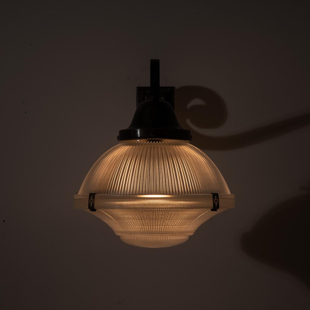 Art Nouveau Rare XL Three Part Holophane Light Fitting with Cast Brass Scrolled Wall Bracket For Sale