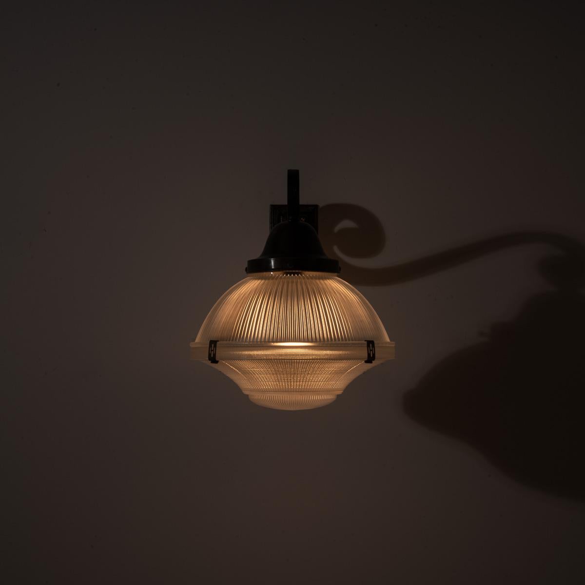 English Rare XL Three Part Holophane Light Fitting with Cast Brass Scrolled Wall Bracket For Sale