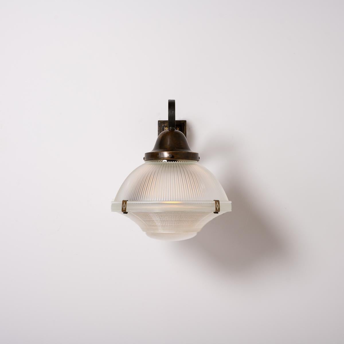 Hand-Crafted Rare XL Three Part Holophane Light Fitting with Cast Brass Scrolled Wall Bracket For Sale