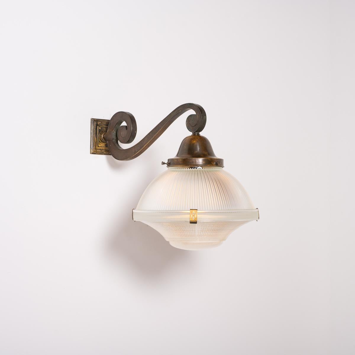 Rare XL Three Part Holophane Light Fitting with Cast Brass Scrolled Wall Bracket In Good Condition For Sale In Nottingham, GB