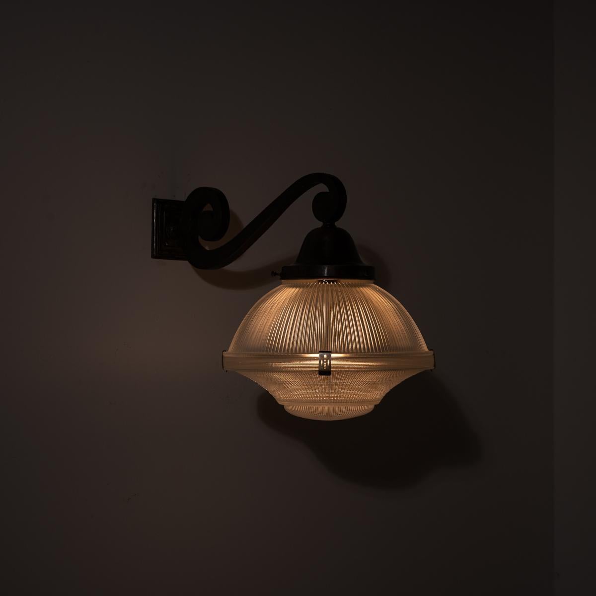 20th Century Rare XL Three Part Holophane Light Fitting with Cast Brass Scrolled Wall Bracket For Sale