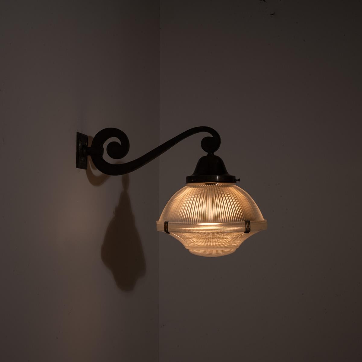 Rare XL Three Part Holophane Light Fitting with Cast Brass Scrolled Wall Bracket For Sale 1