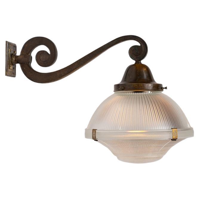 Rare XL Three Part Holophane Light Fitting with Cast Brass Scrolled Wall Bracket For Sale
