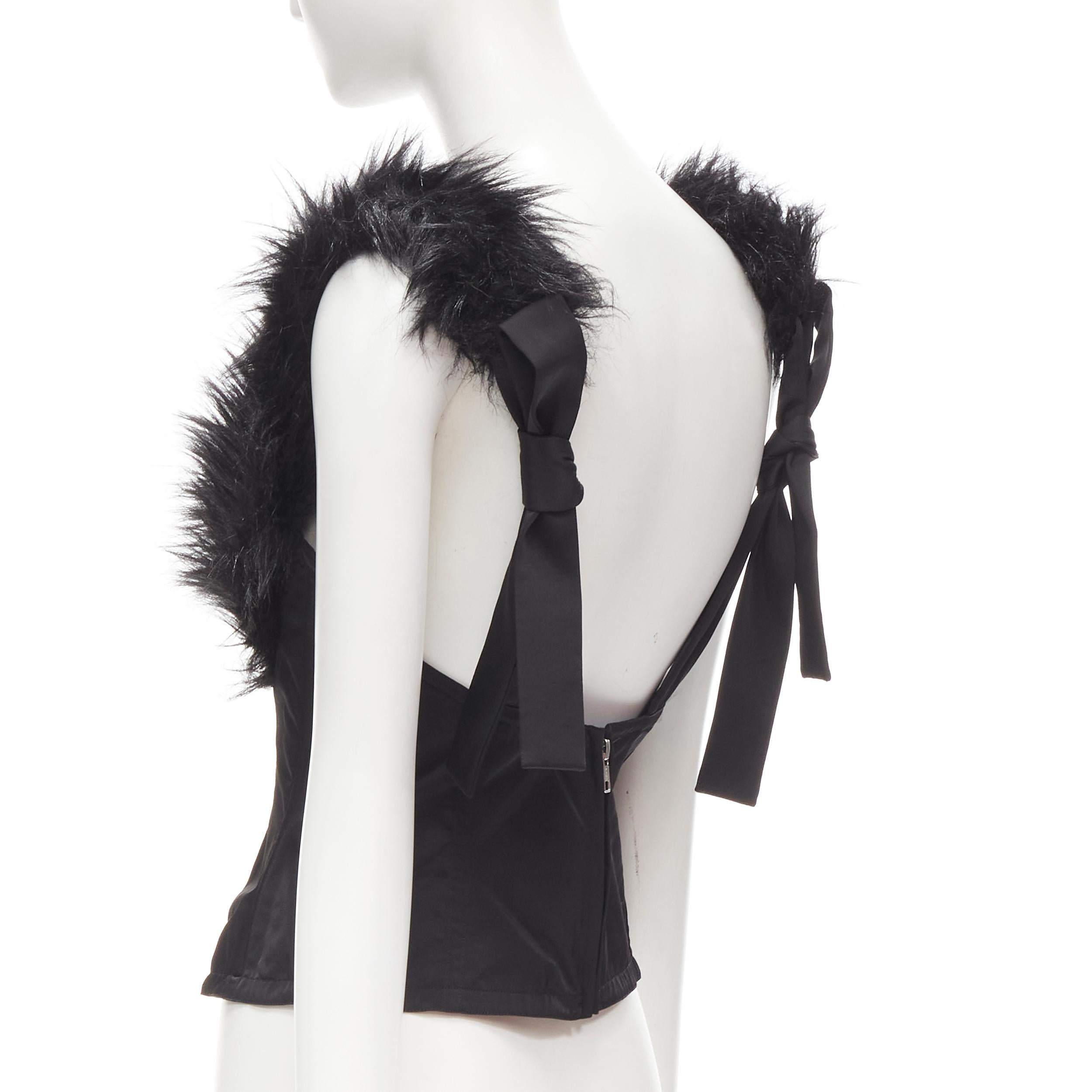 rare Y3 YOHJI YAMAMOTO ADIDAS black faux fur scoop collar boned corset top S In Excellent Condition In Hong Kong, NT