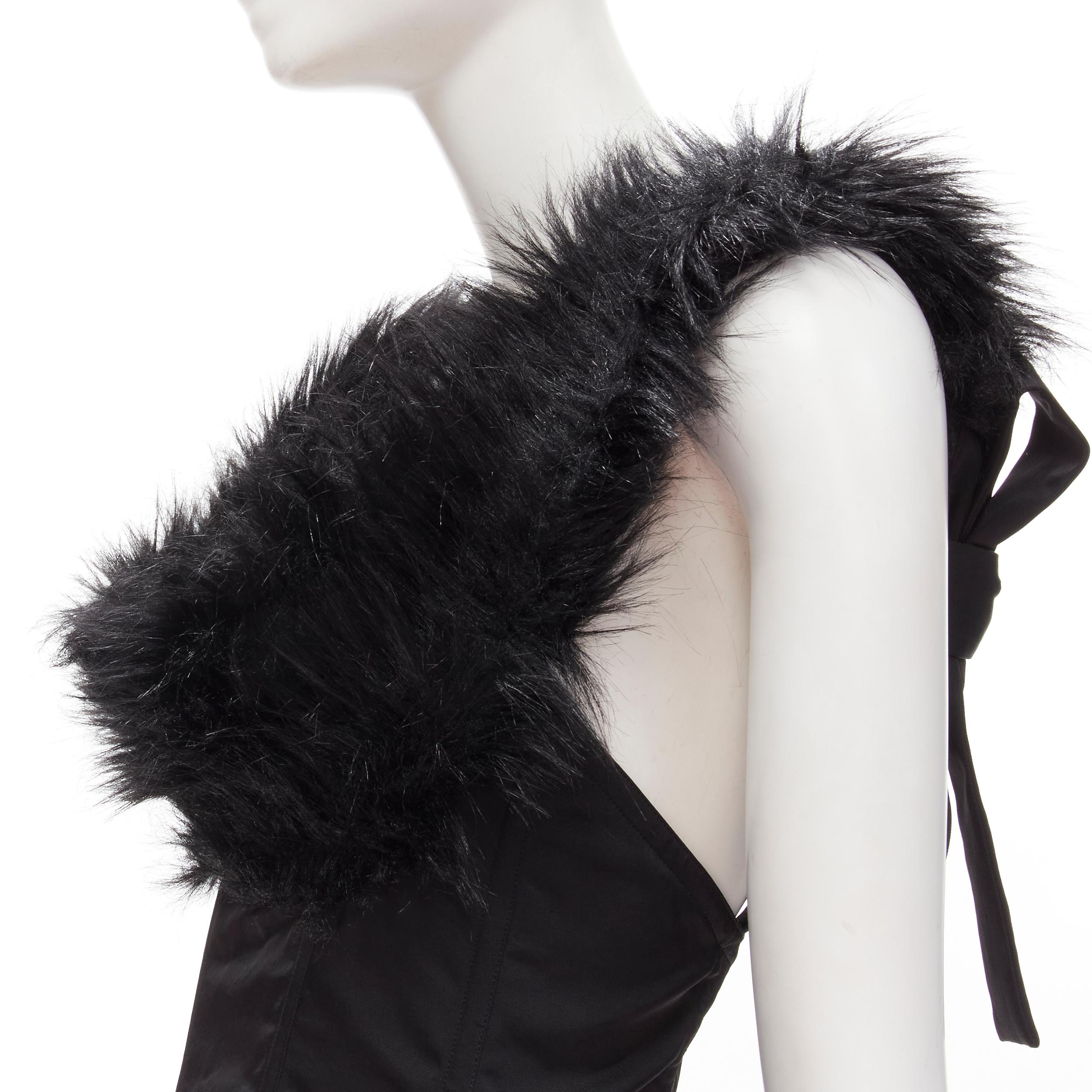 Women's rare Y3 YOHJI YAMAMOTO ADIDAS black faux fur scoop collar boned corset top S