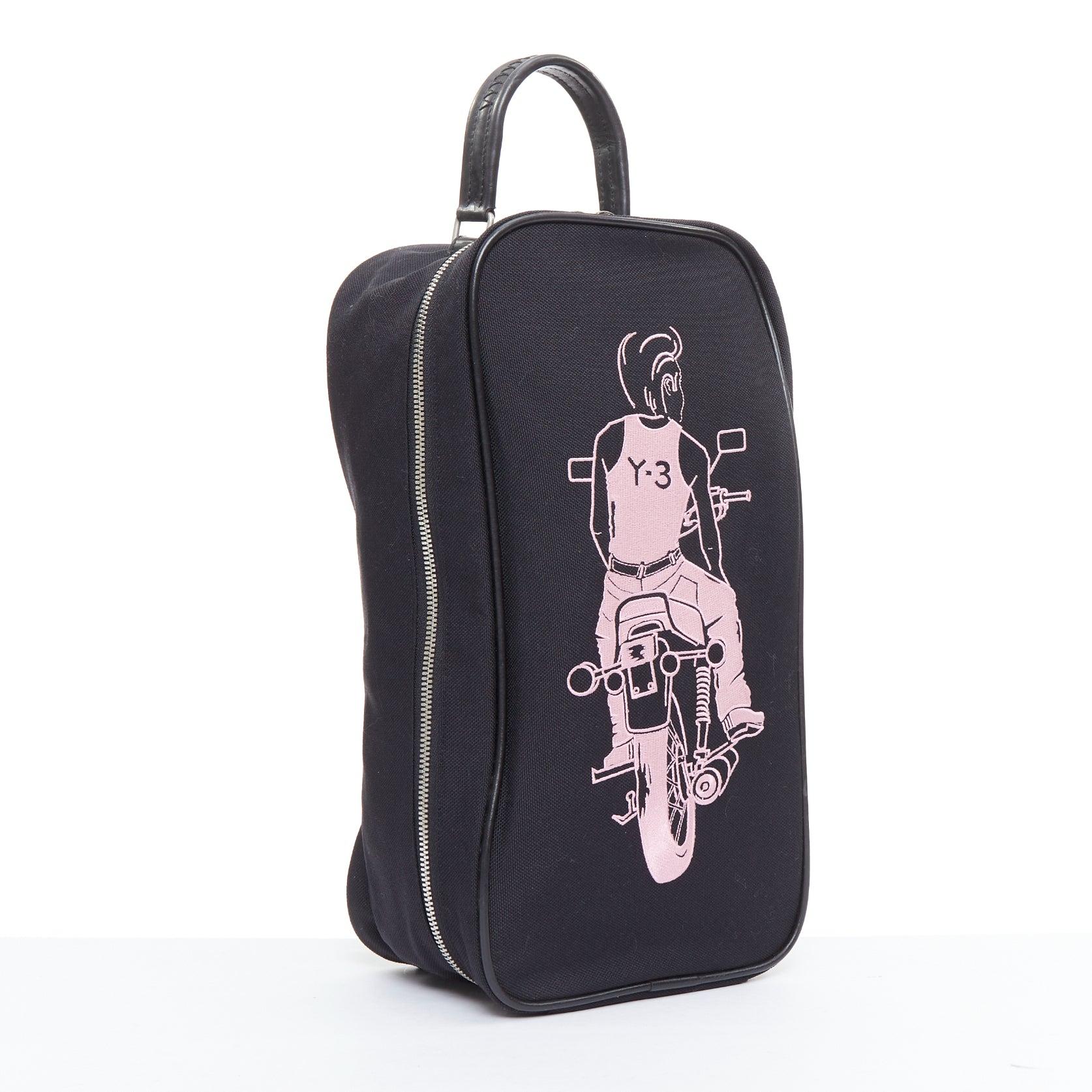 Black rare Y3 YOHJI YAMAMOTO pink cyclist embroidery black leather top handle bag For Sale