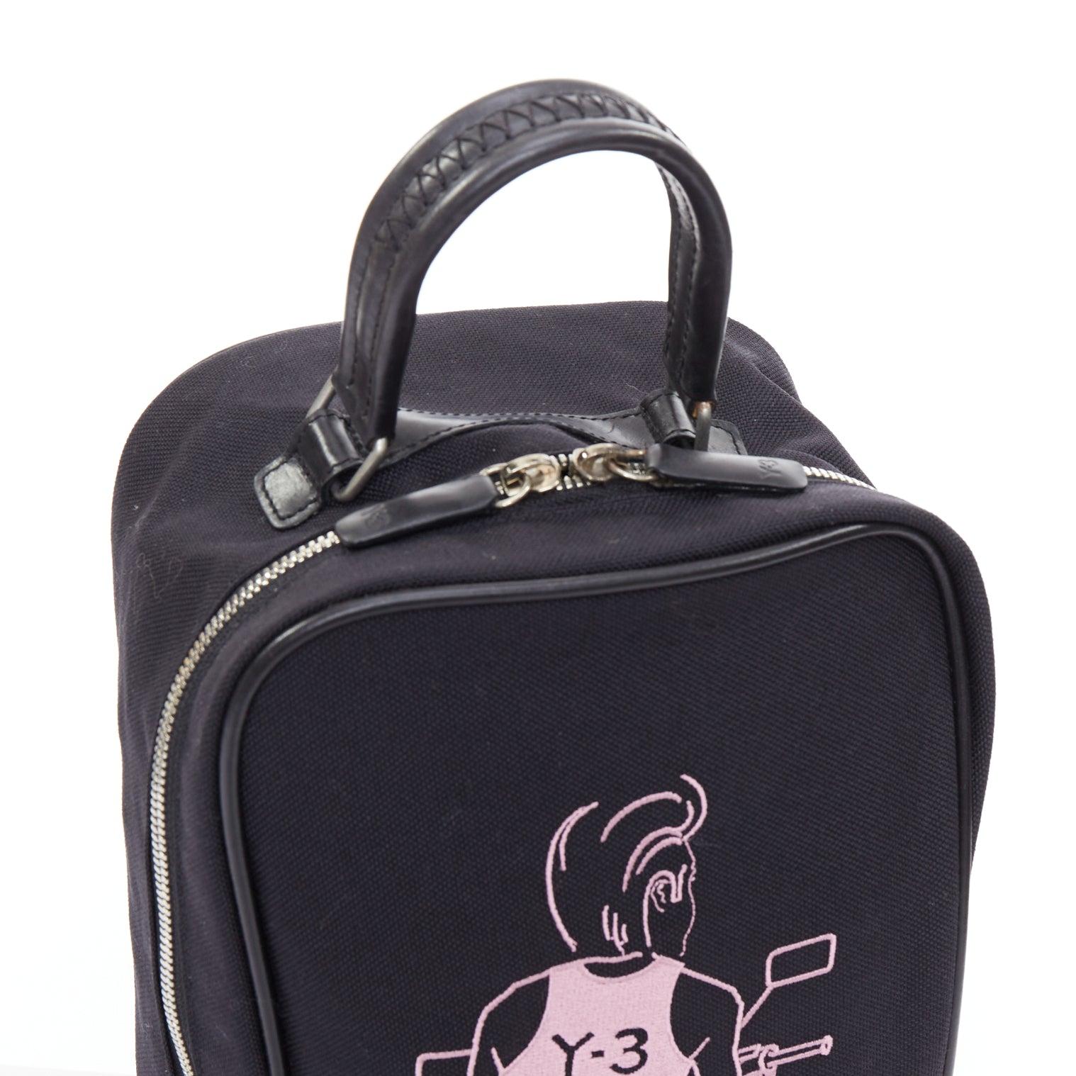 rare Y3 YOHJI YAMAMOTO pink cyclist embroidery black leather top handle bag For Sale 1