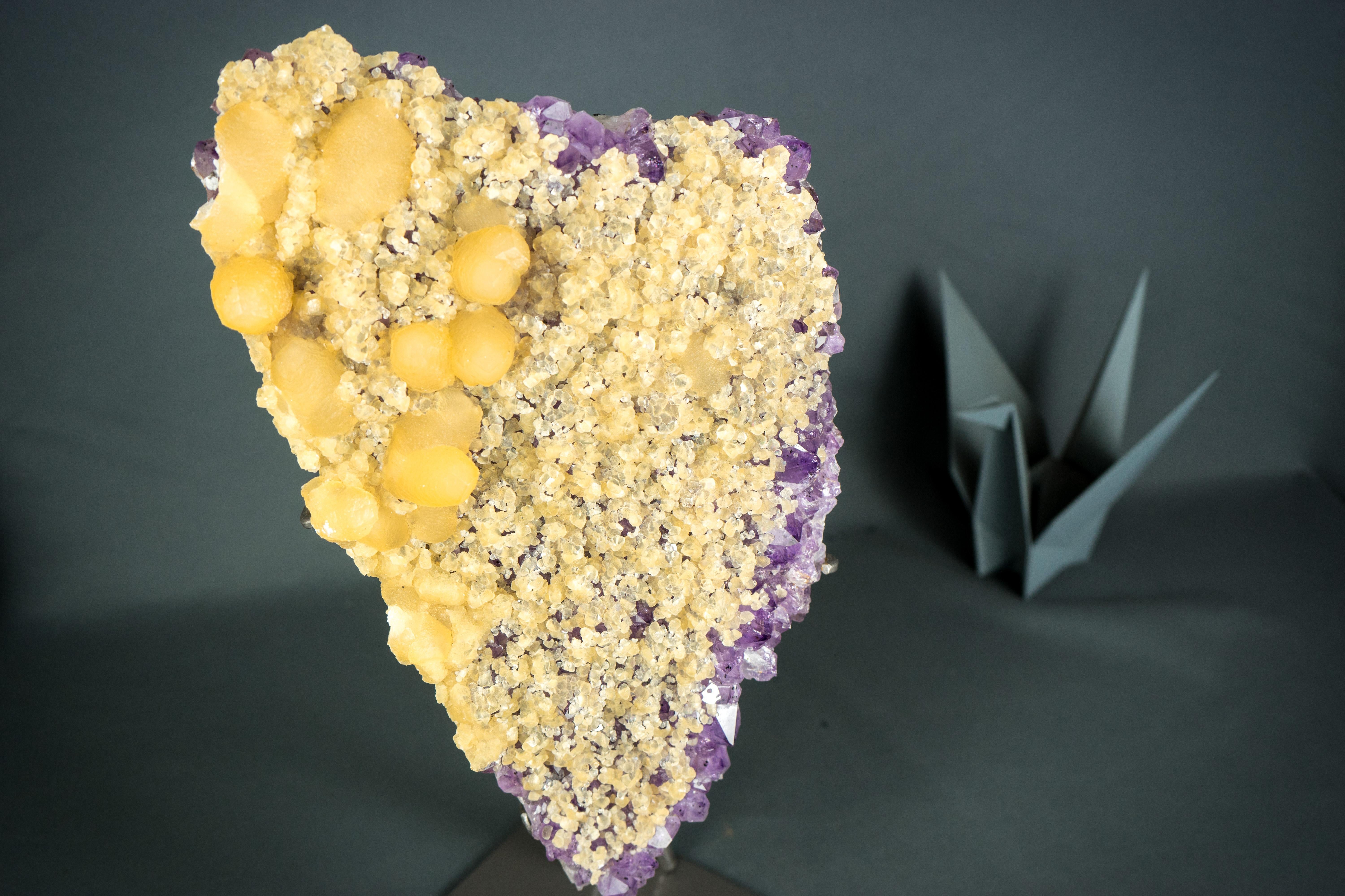 Rare Yellow Calcite on Amethyst Cluster, Cubic and Scalenohedral Calcite 5