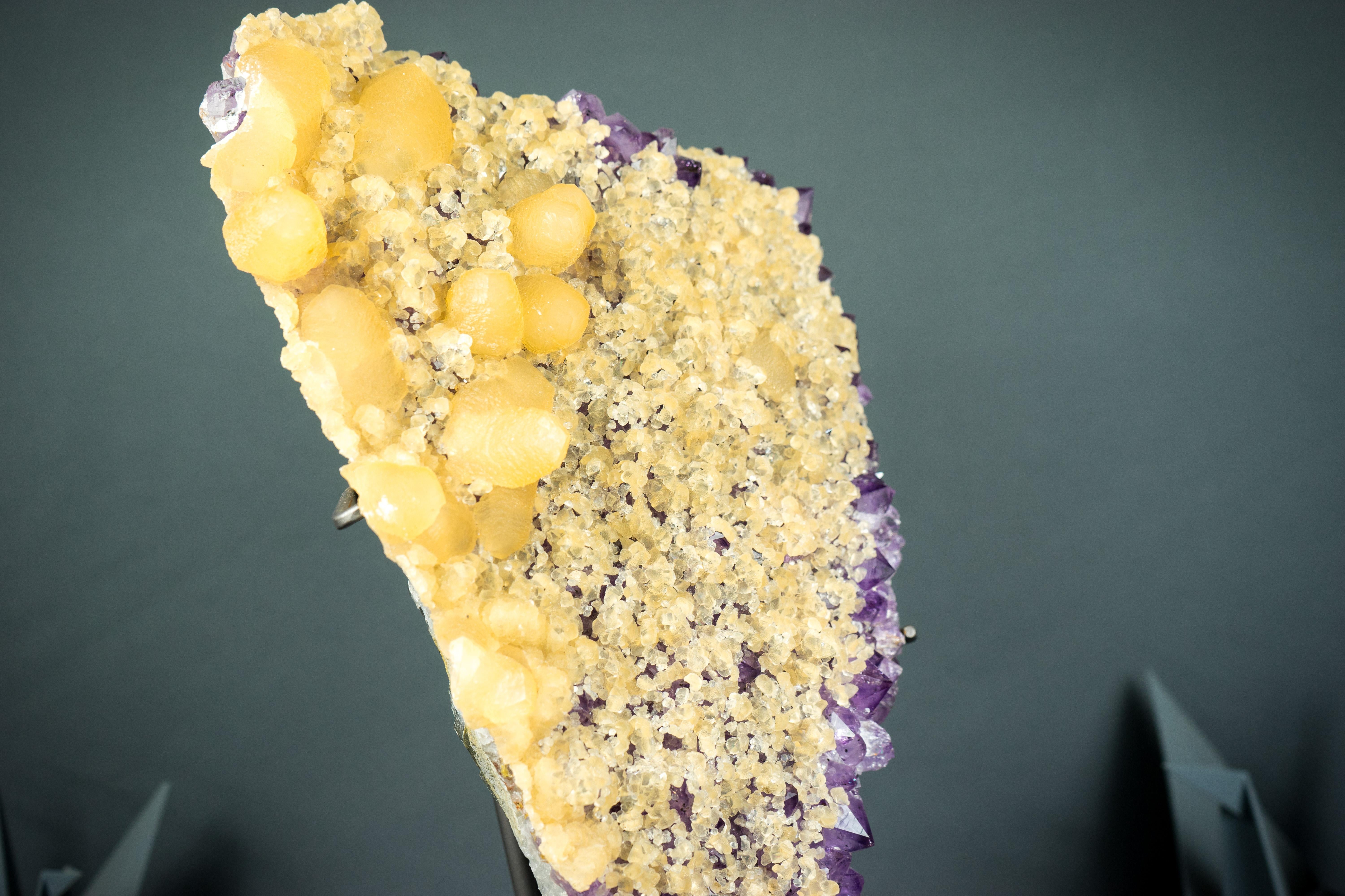 Rare Yellow Calcite on Amethyst Cluster, Cubic and Scalenohedral Calcite 7