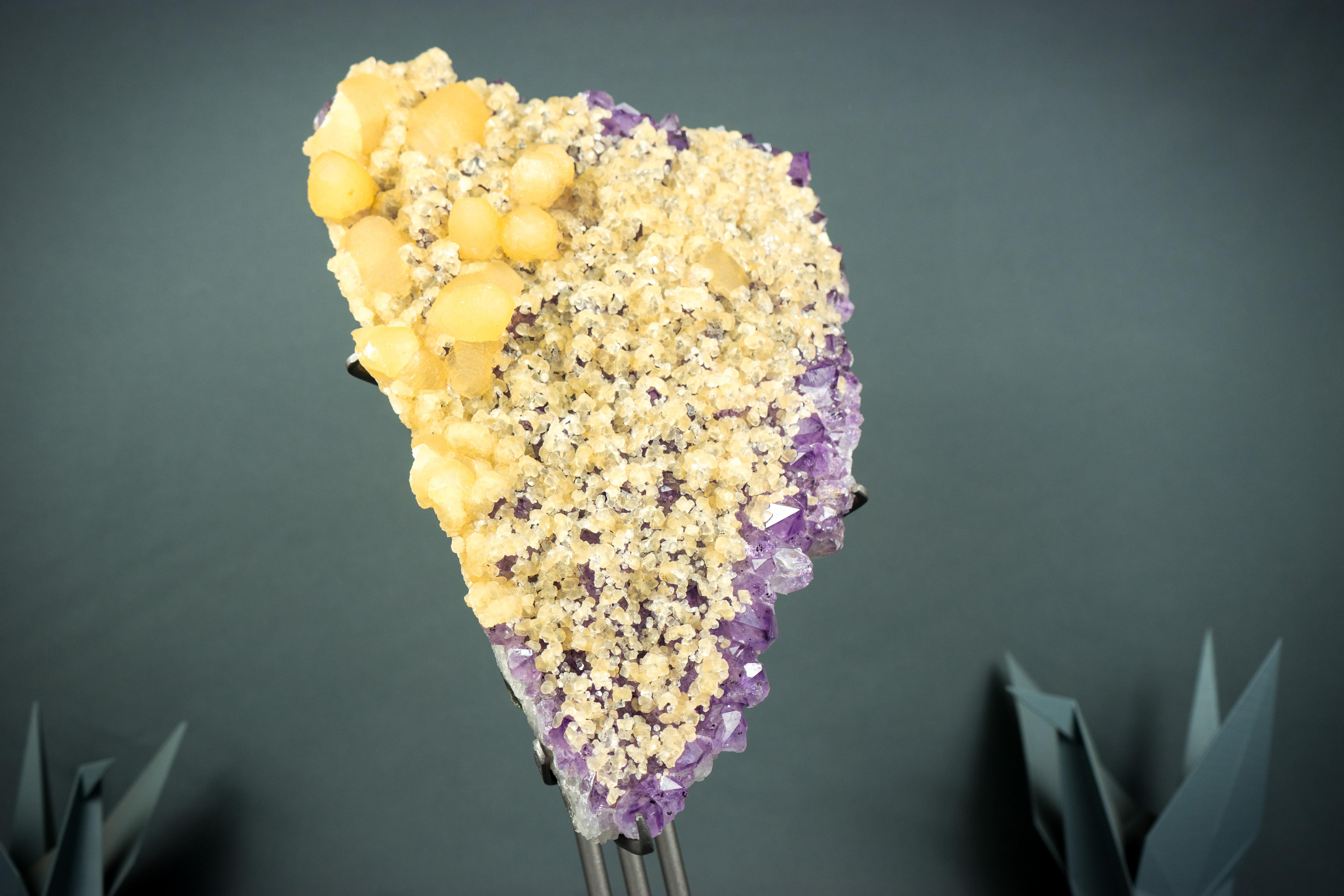 Rare Yellow Calcite on Amethyst Cluster, Cubic and Scalenohedral Calcite 8